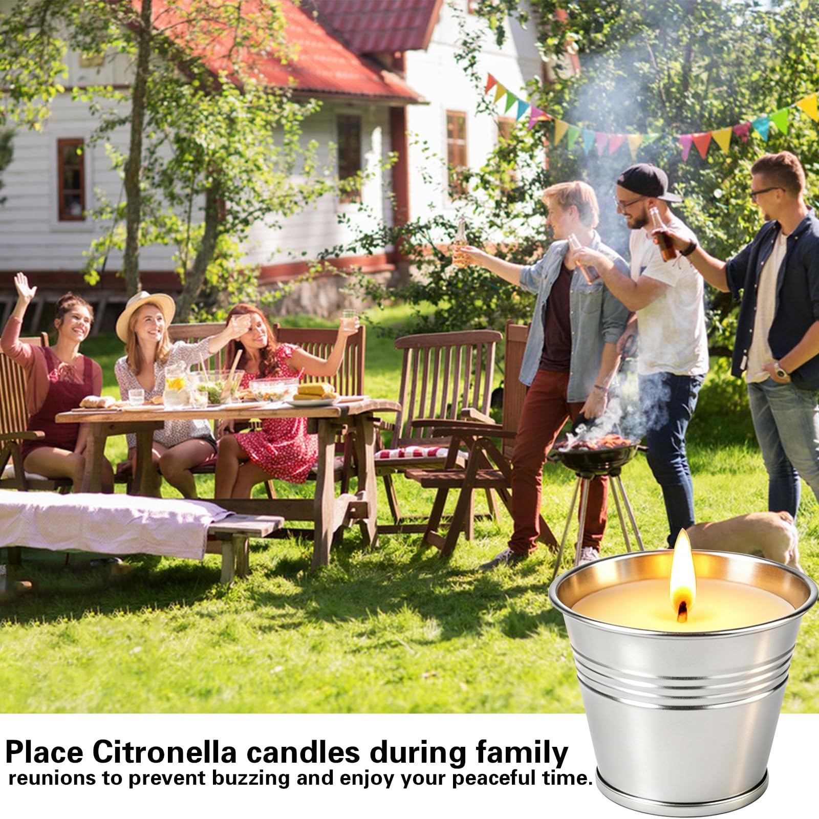 Patio dining ambiance with 160 total burn hours across all candles
