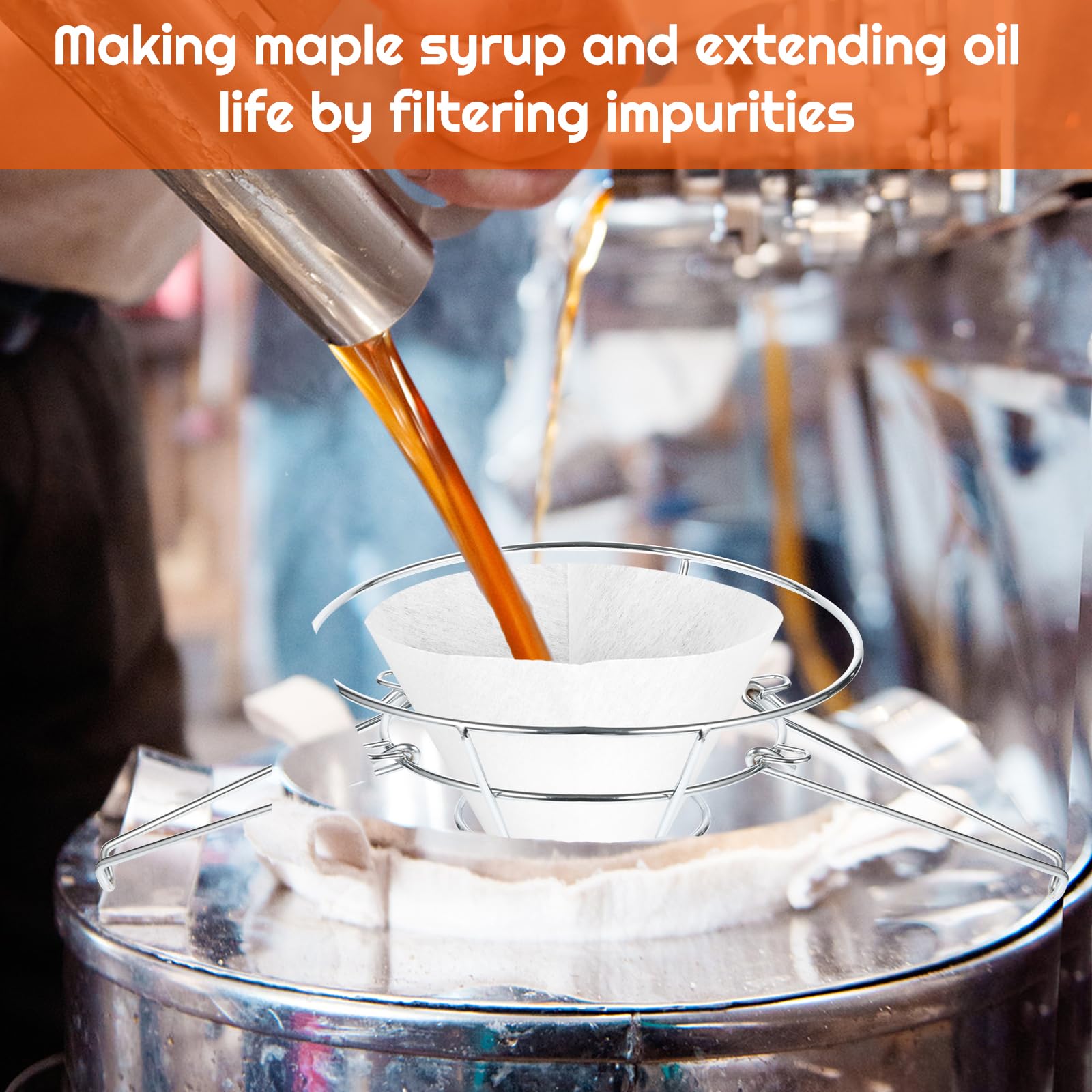 Silver stainless steel rack supporting maple sap filtration