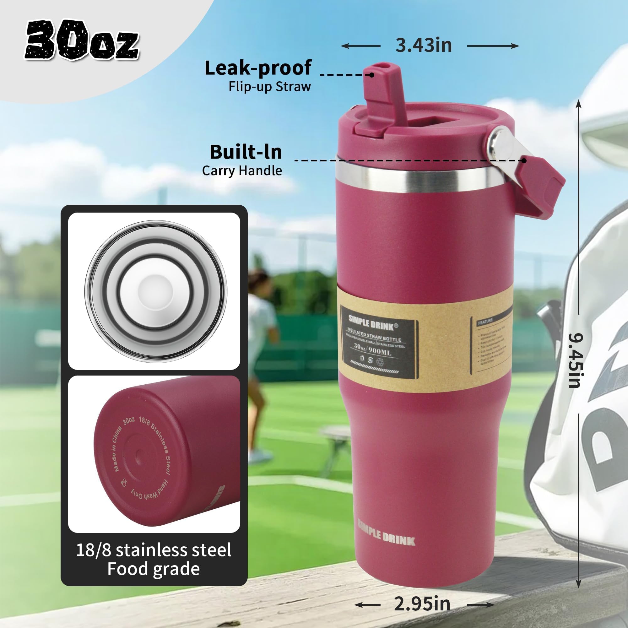 Flip straw lid water bottle 30oz by SIMPLE DRINK