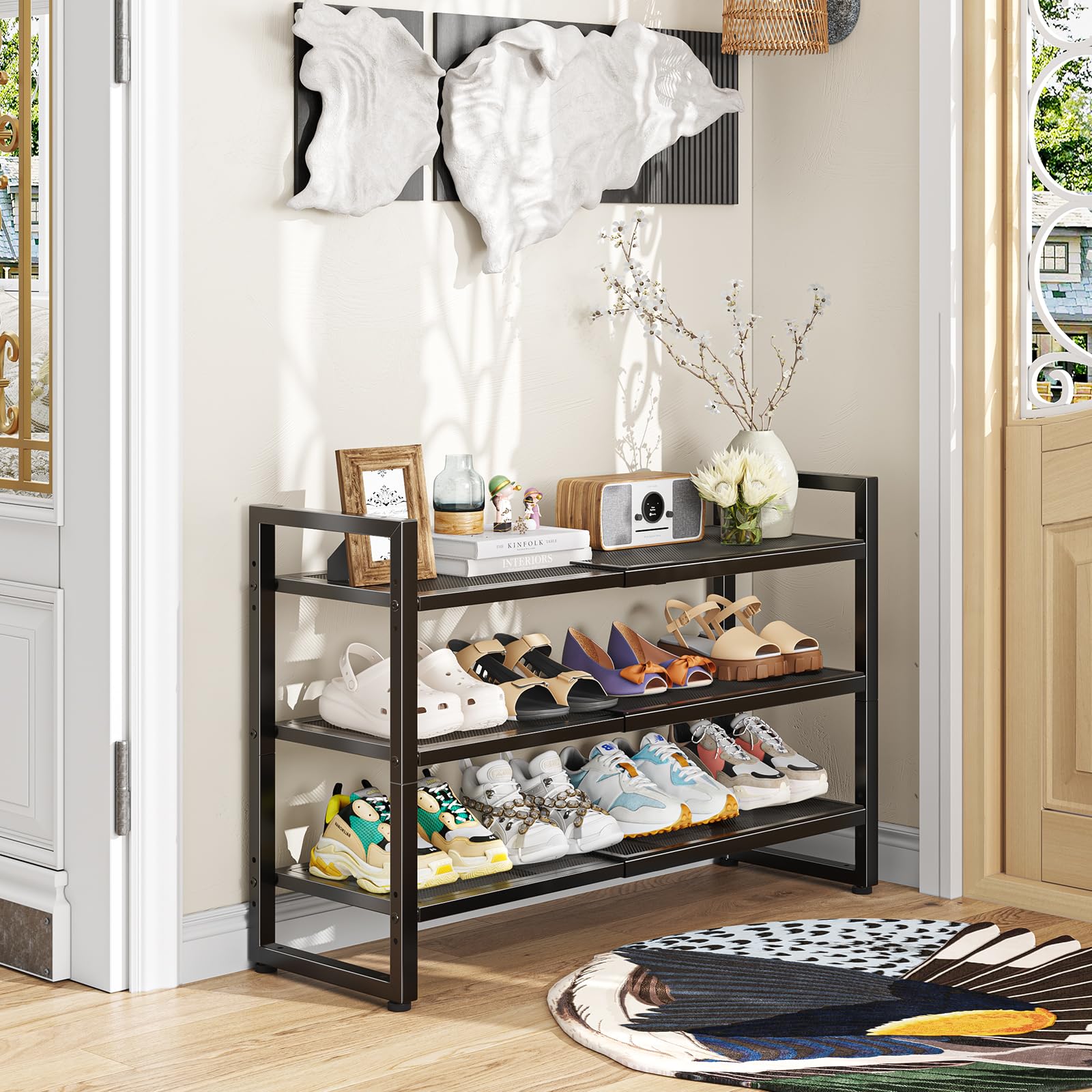 Expandable shoe rack shown in closet configuration