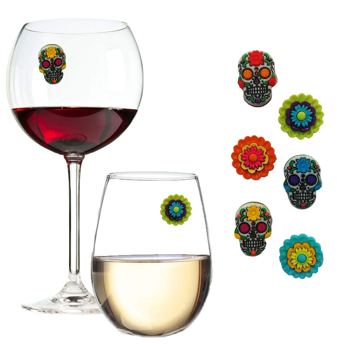 Simply Charmed Flower Sugar Skull Wine Glass Charms set 6 on card
