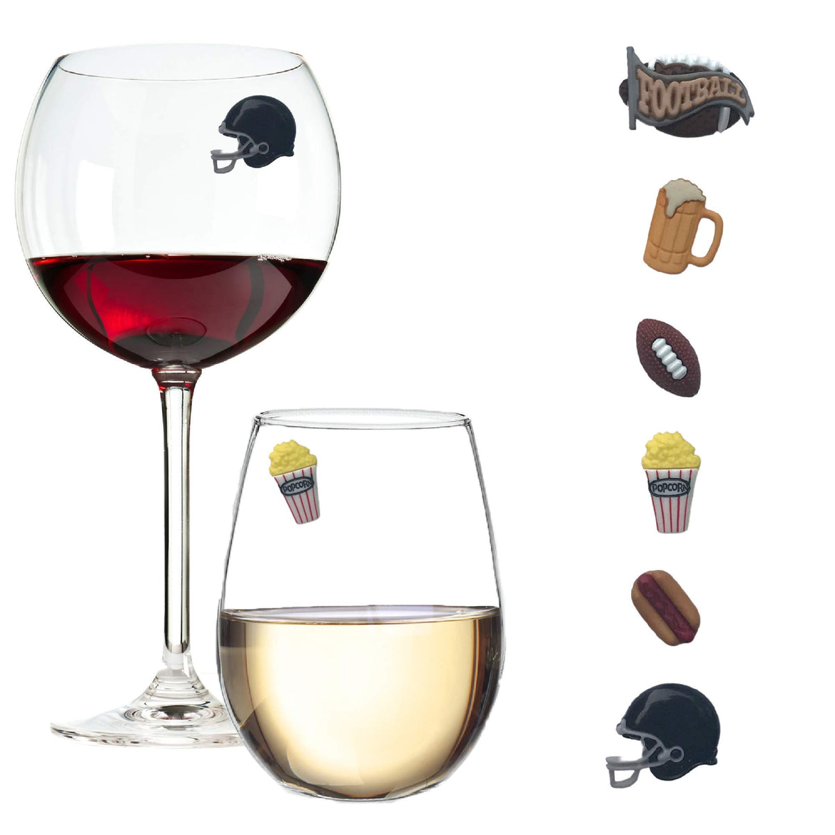 Simply Charmed football themed wine glass charms 6 pack on counter