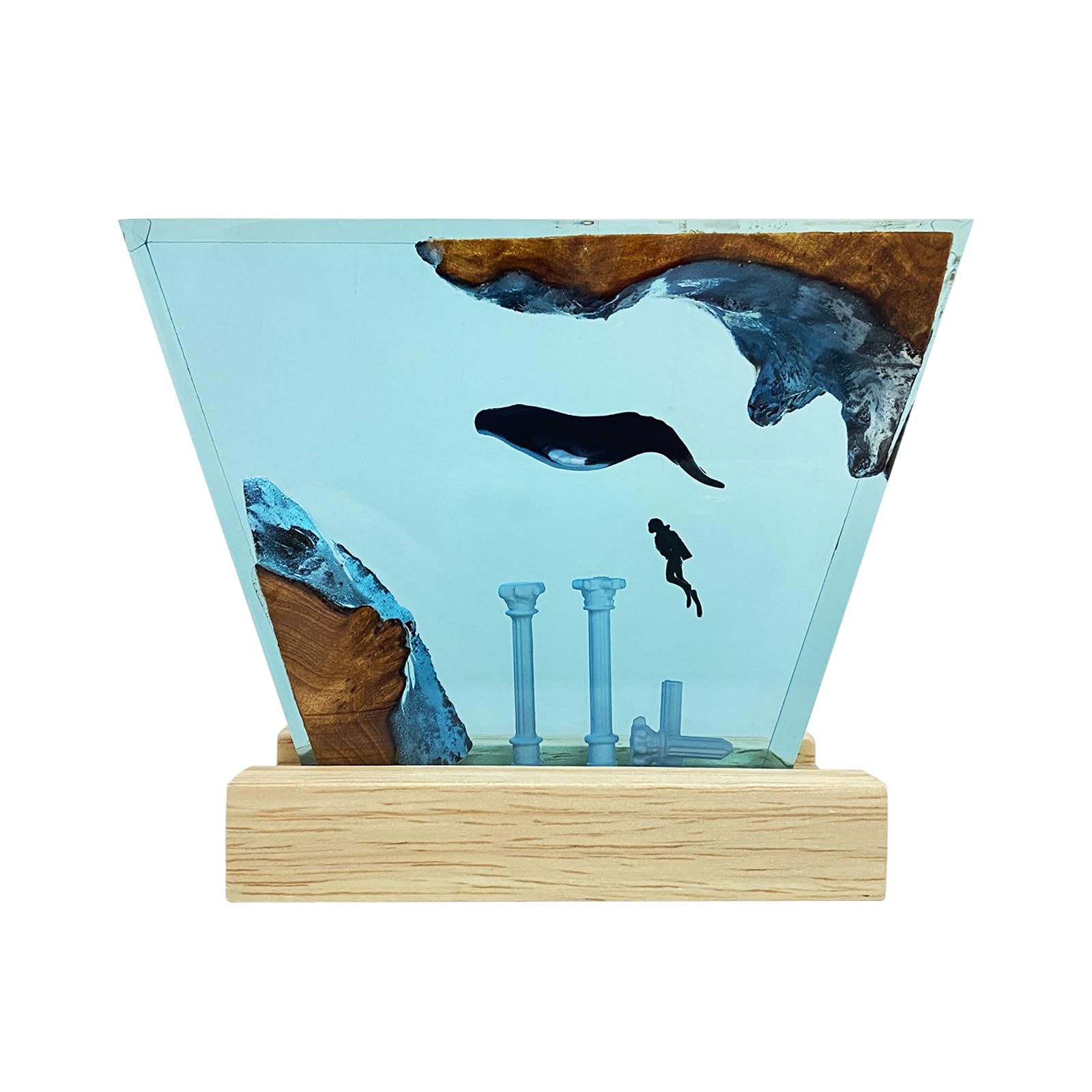 Simulated Ocean Landscape lamp with humpback whale diver on a roman pillar