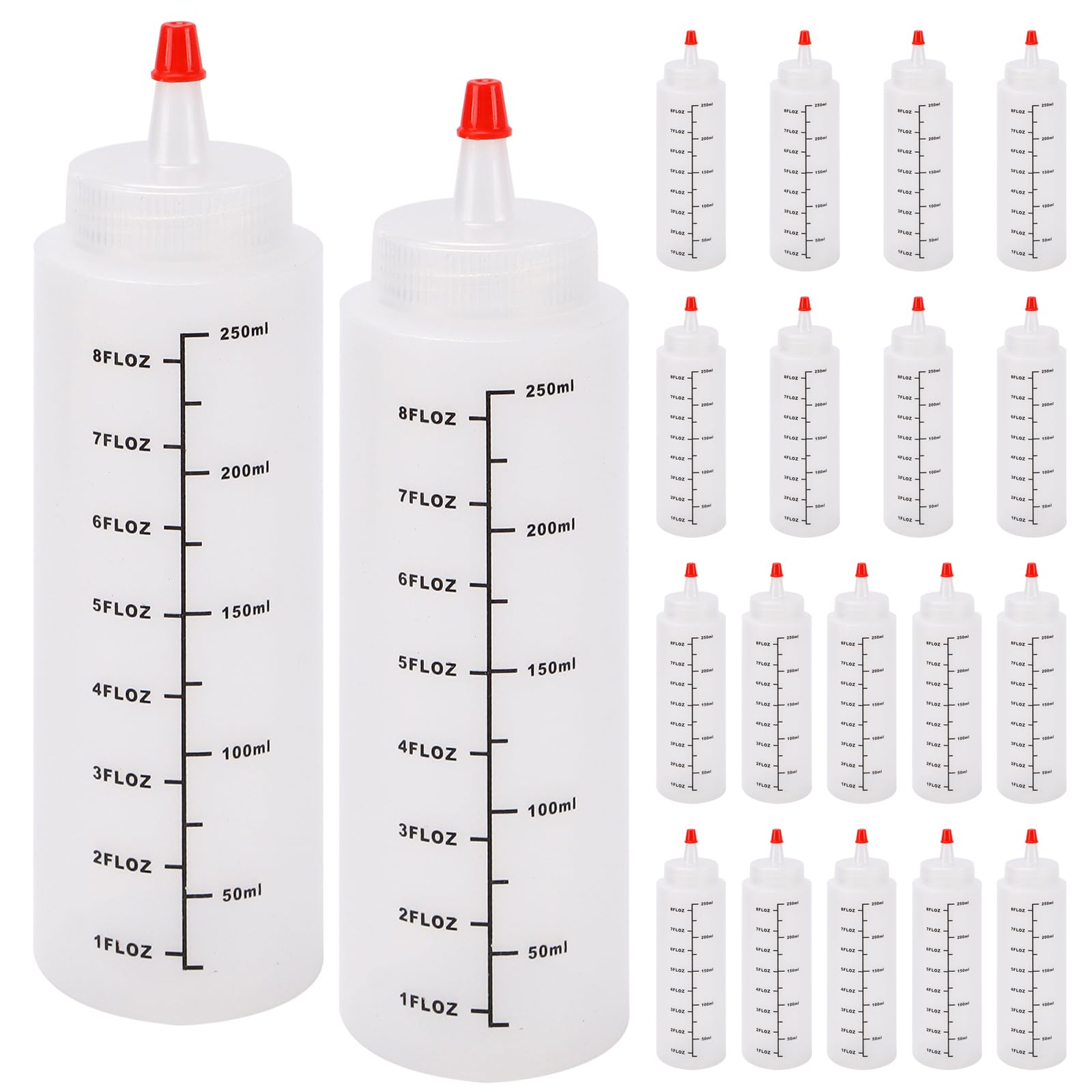 SINJEUN 20 pack squeeze bottles for sauces 8 oz with red caps