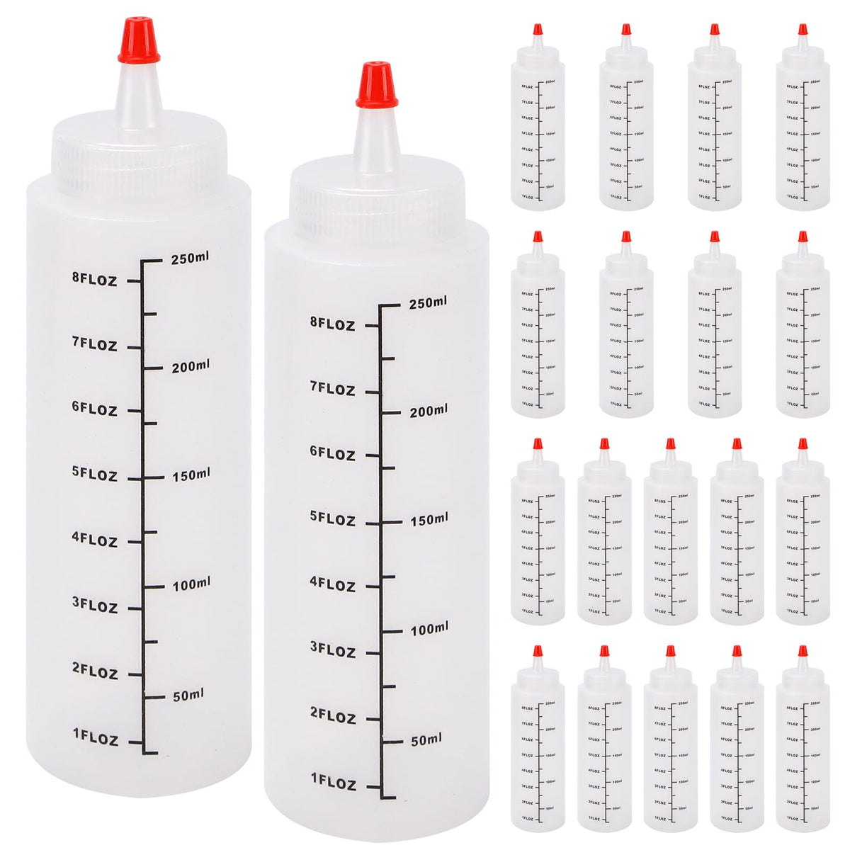 SINJEUN 20 pack squeeze bottles for sauces 8 oz with red caps