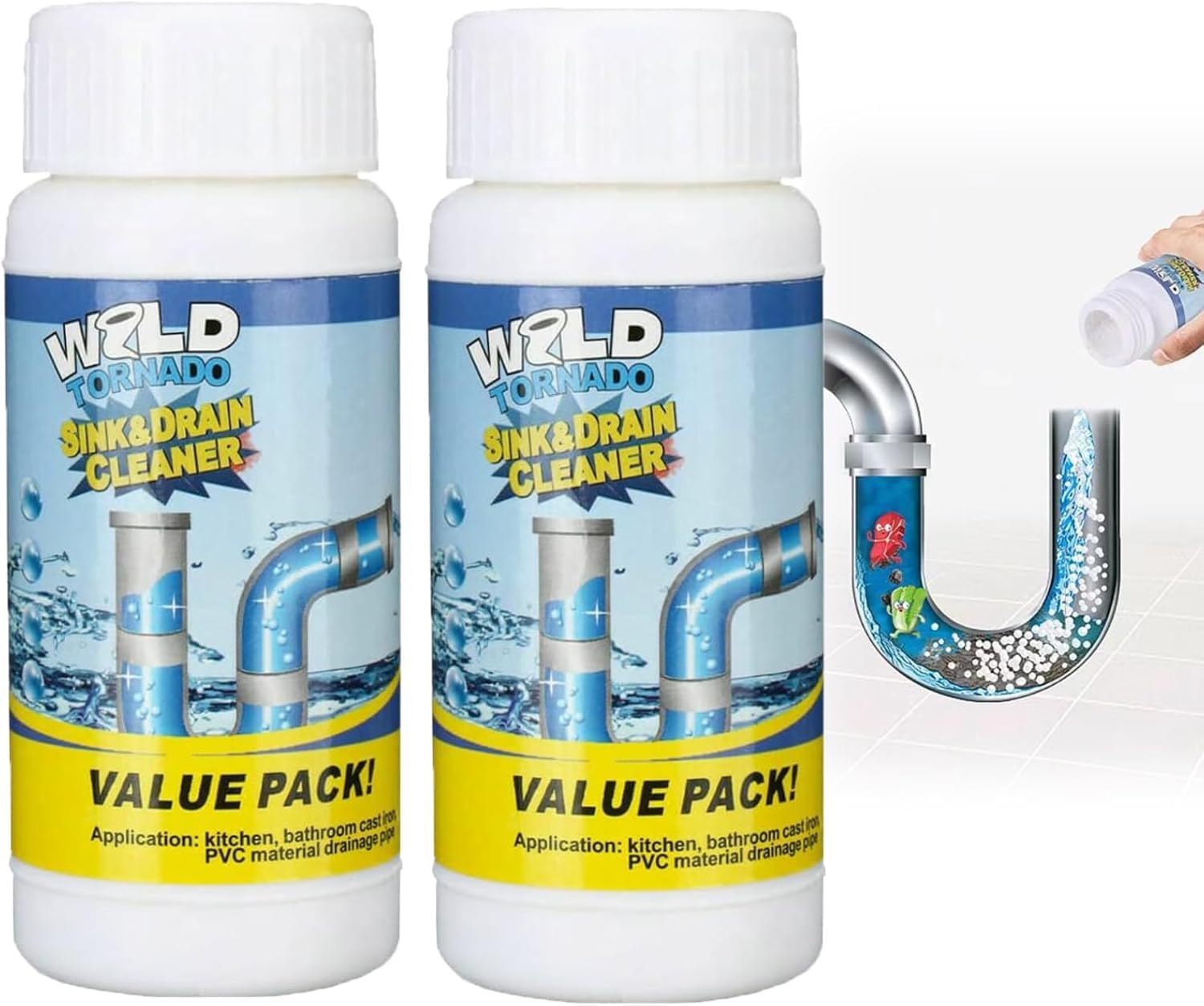 Sink and Drain Cleaner Wild Tornado Pipe Dredge bottle close up