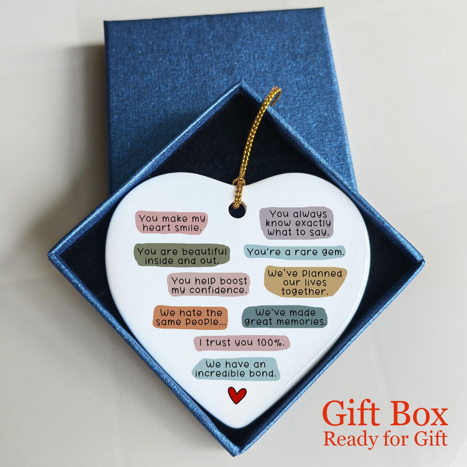 Bestie best friend heart ornament with gold hanging string