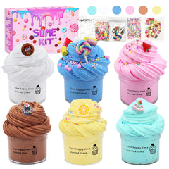 Six containers of butter slime kit with charms