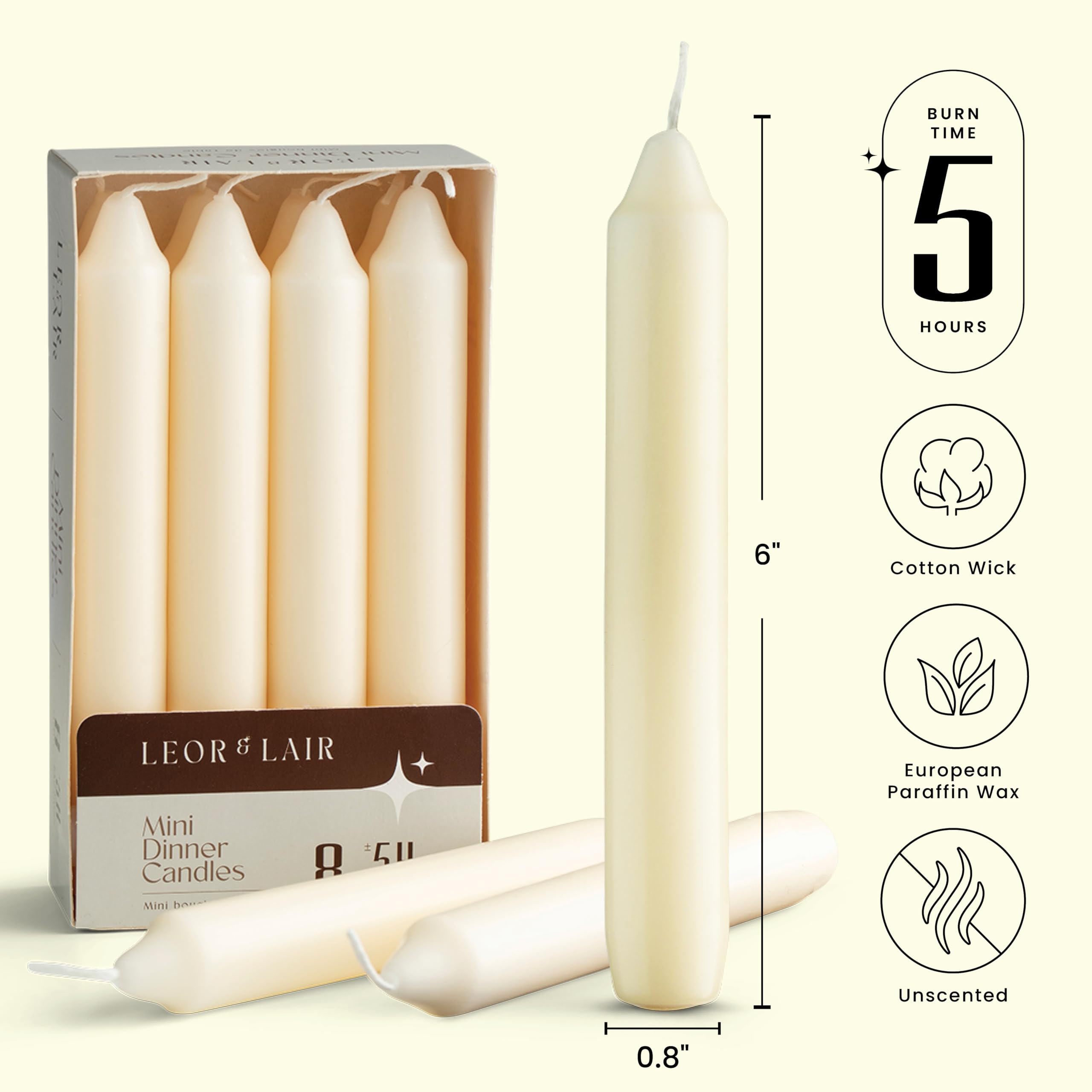 Ivory 6 inch taper candles close up showing white wax core and ivory coating