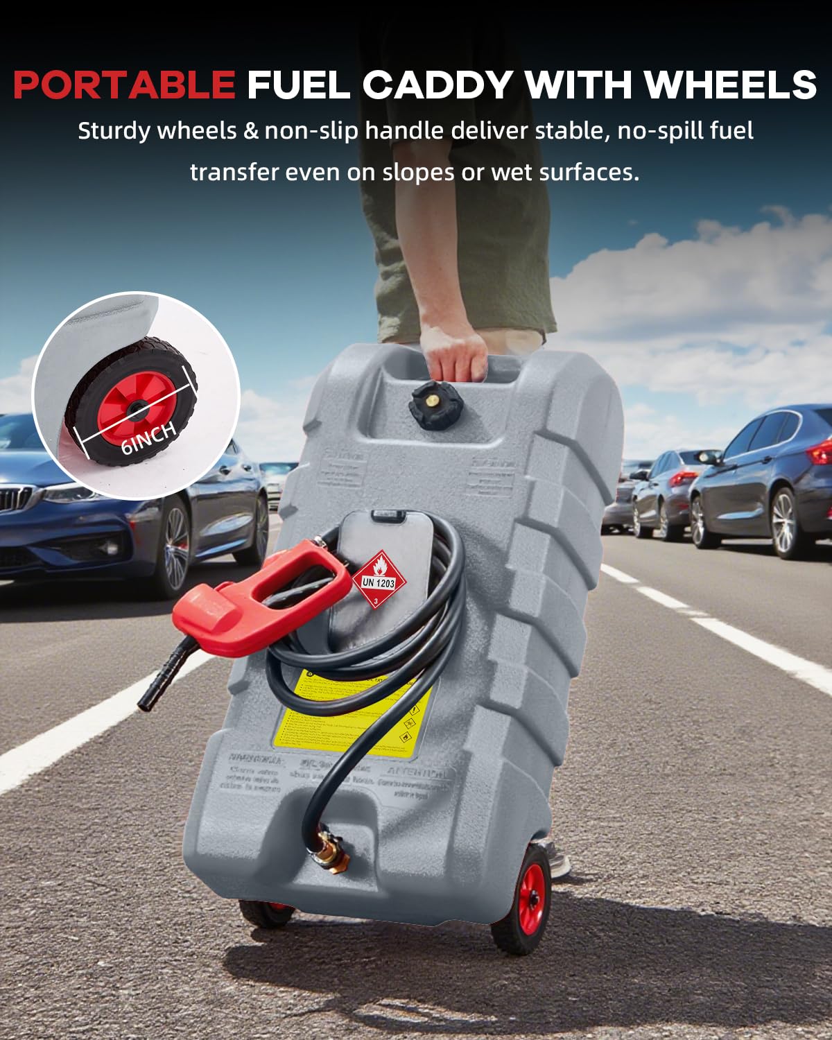 Six inch wheels on heavy duty gas can caddy for outdoor use