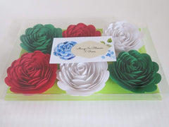 Six loose roses 2.5 to 3 inch red white green