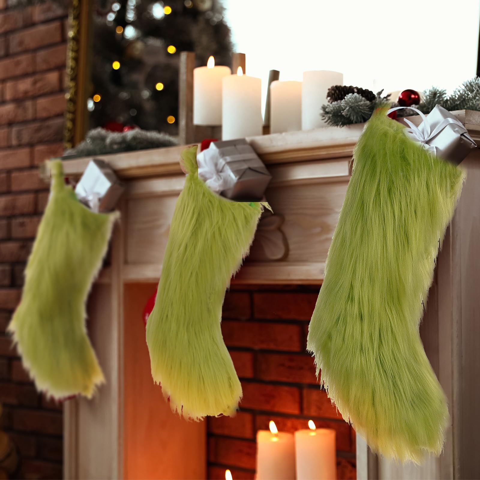 Green Christmas stocking pack for fireplace and tree display