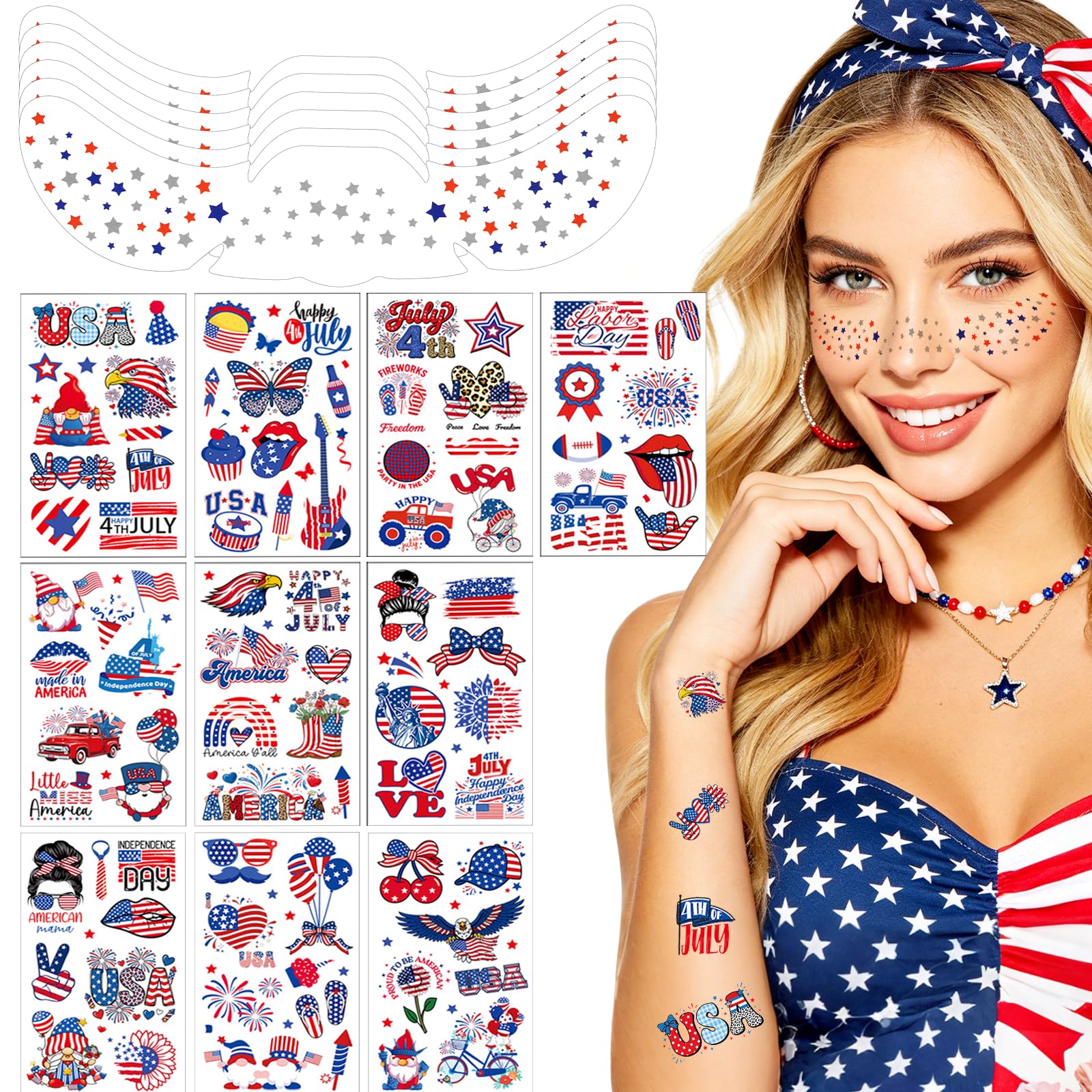 Six sheets of premium patriotic freckle decals with 110 tattoos