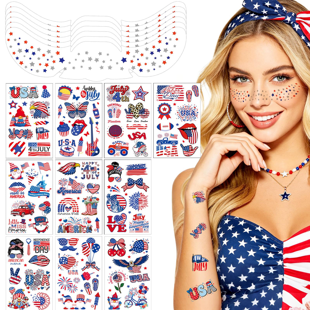 Six sheets of premium patriotic freckle decals with 110 tattoos