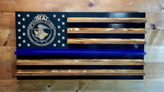 Engraved stars and emblems on the wood surface of the display