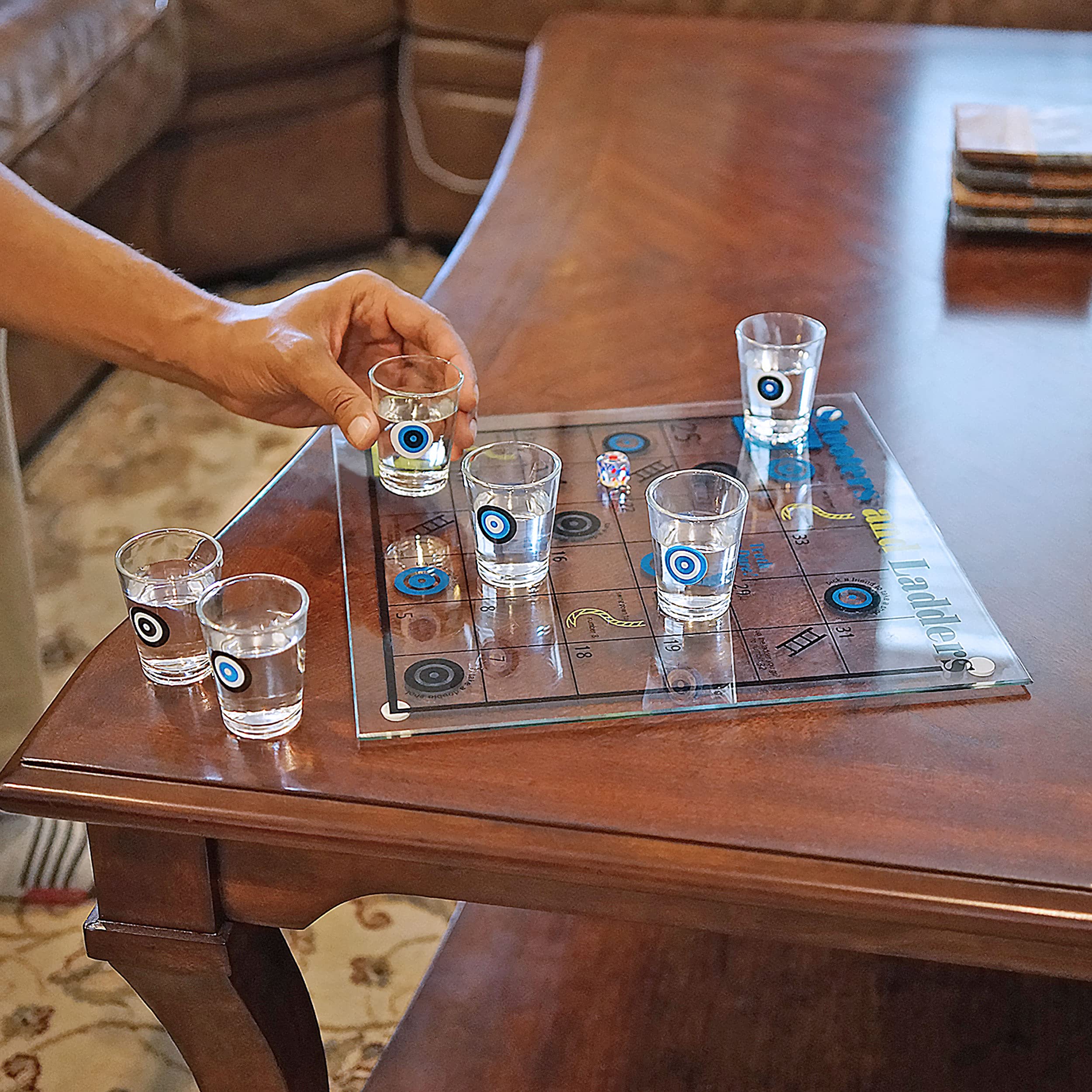 One six-sided die included for Shooters & Ladders Drinking Game