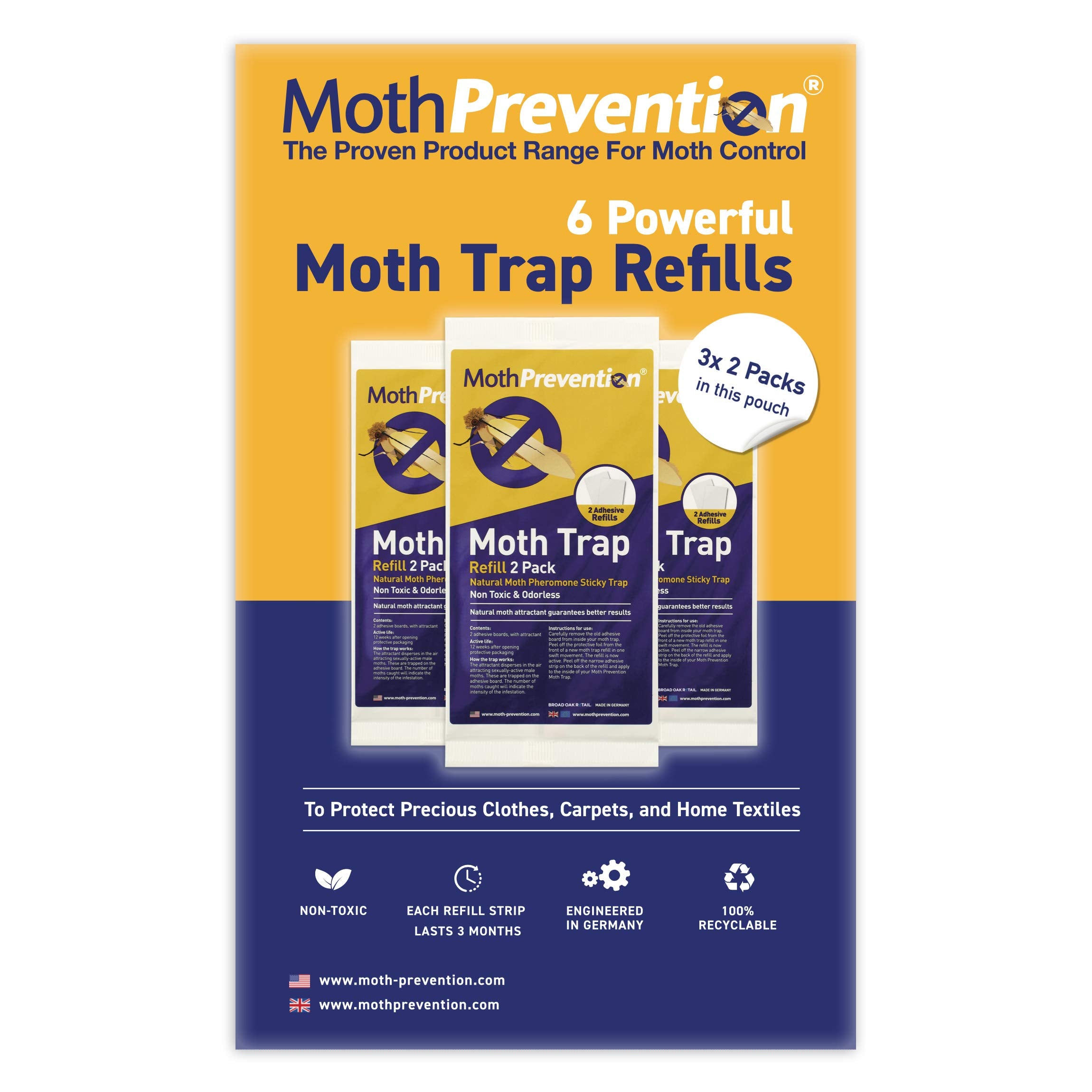 Six-strip pack of clothes moth trap refills for closet protection