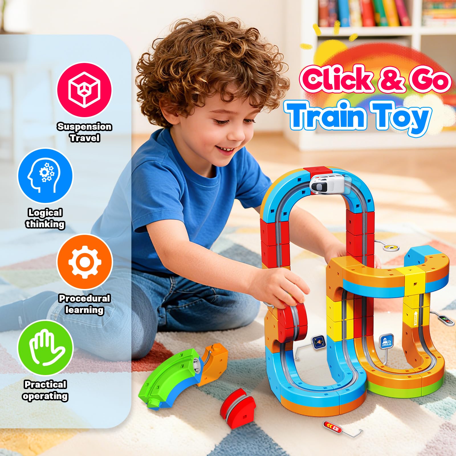 Three-dimensional gravity-defying track for kids train set