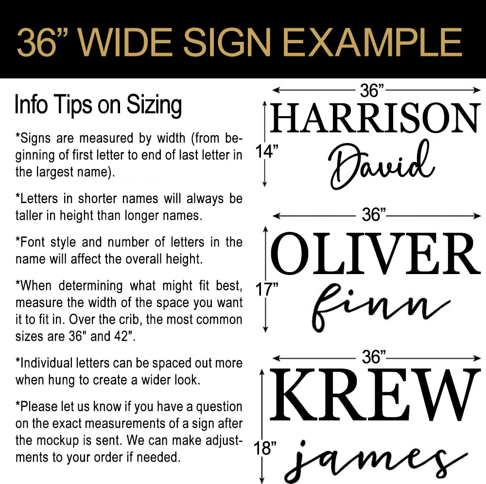 Size options 15-58 inches for Custom Wood Name Sign with fonts