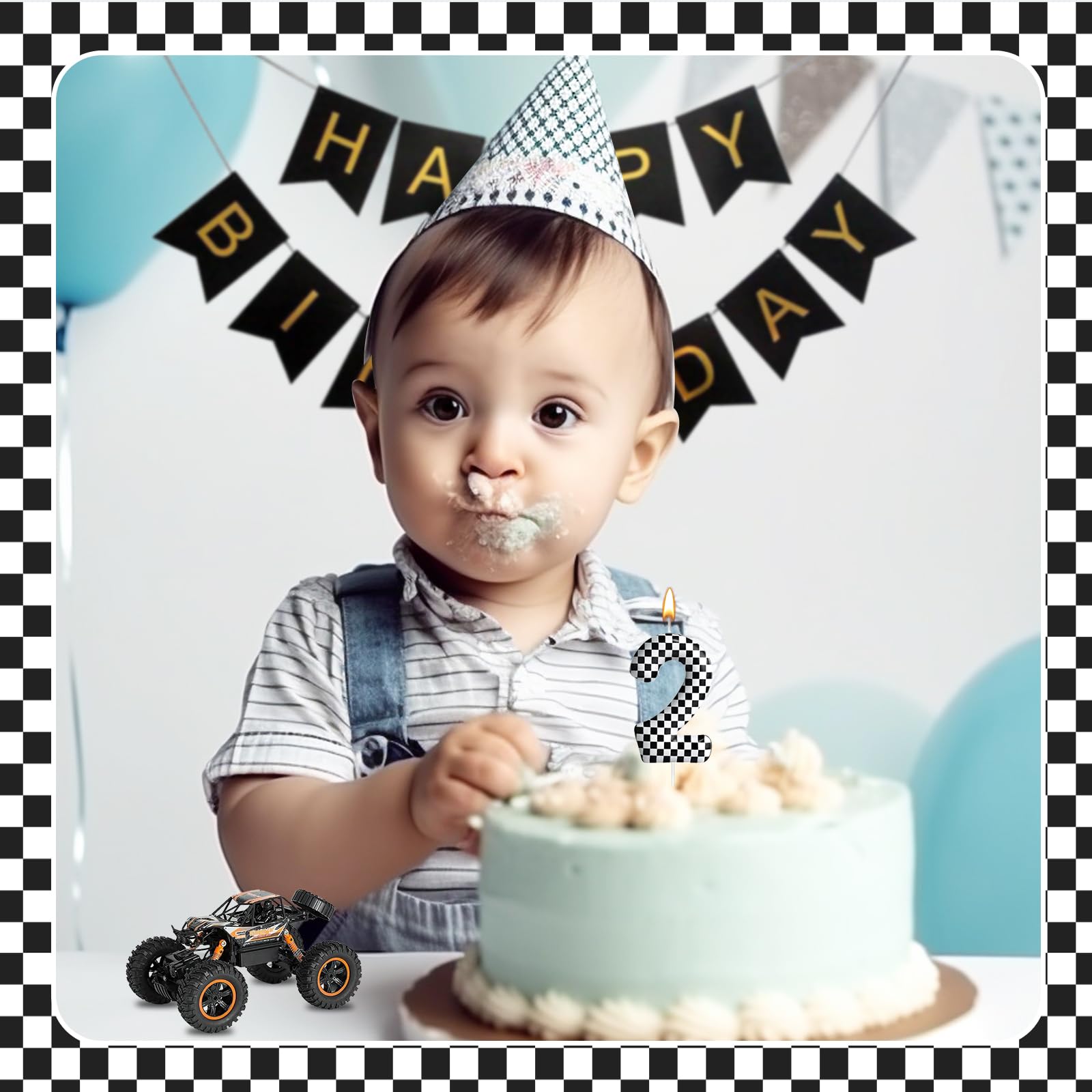 Racing car party decoration candle on cake