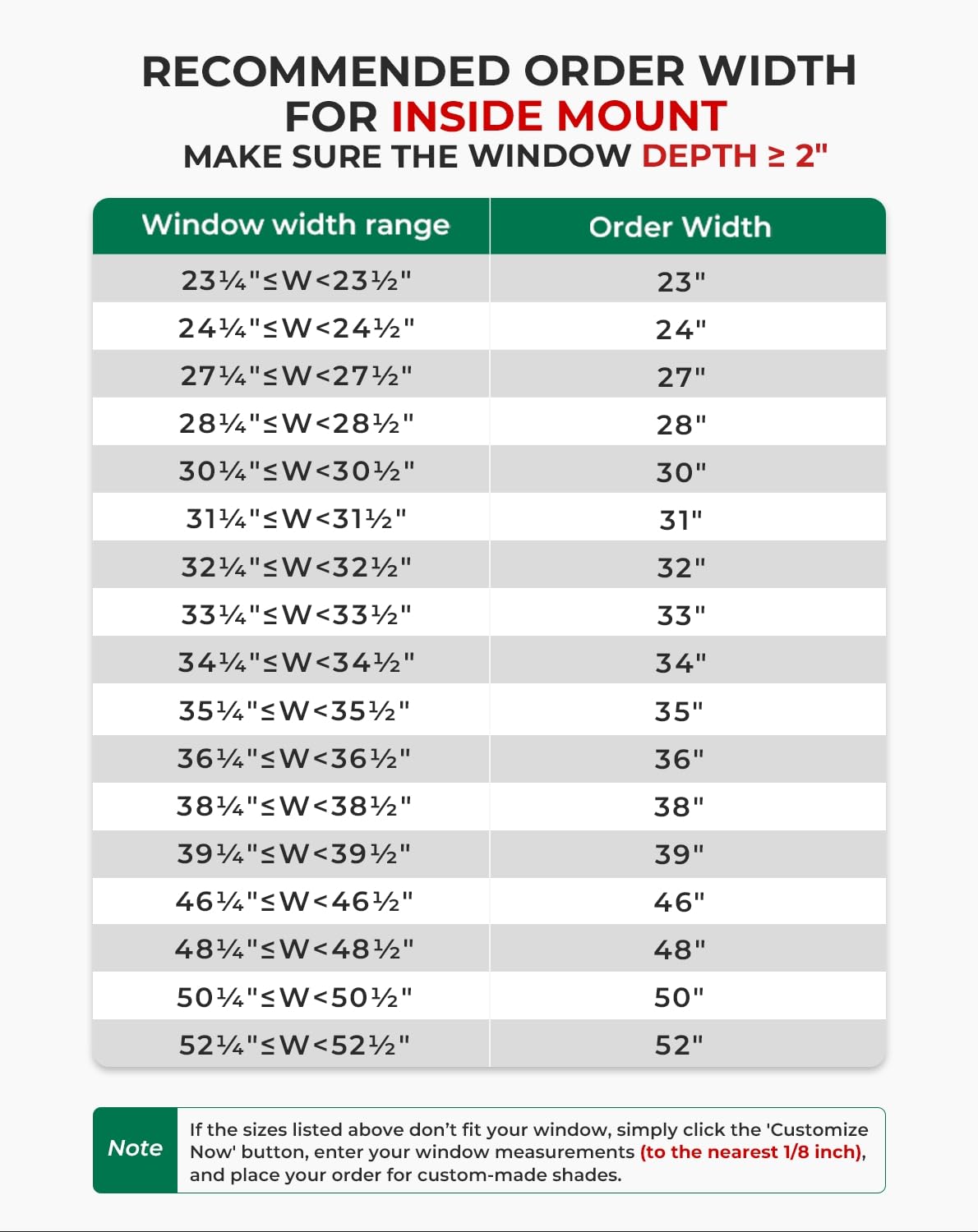 Size guide diagram reference for order width and height