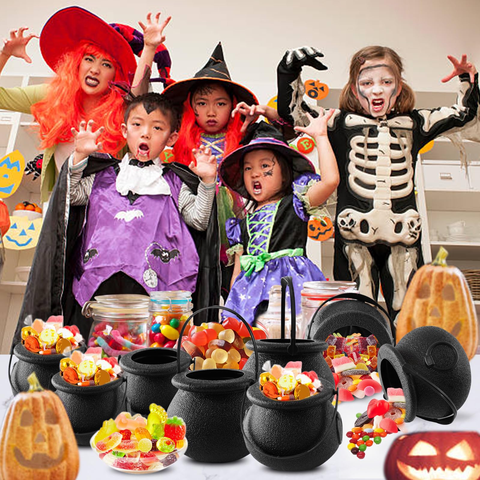 Kids and adults using witch-themed cauldrons at events