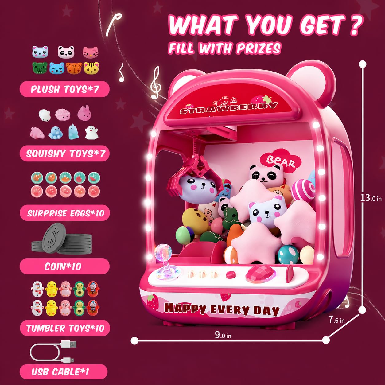 USB cable or batteries power option for claw machine