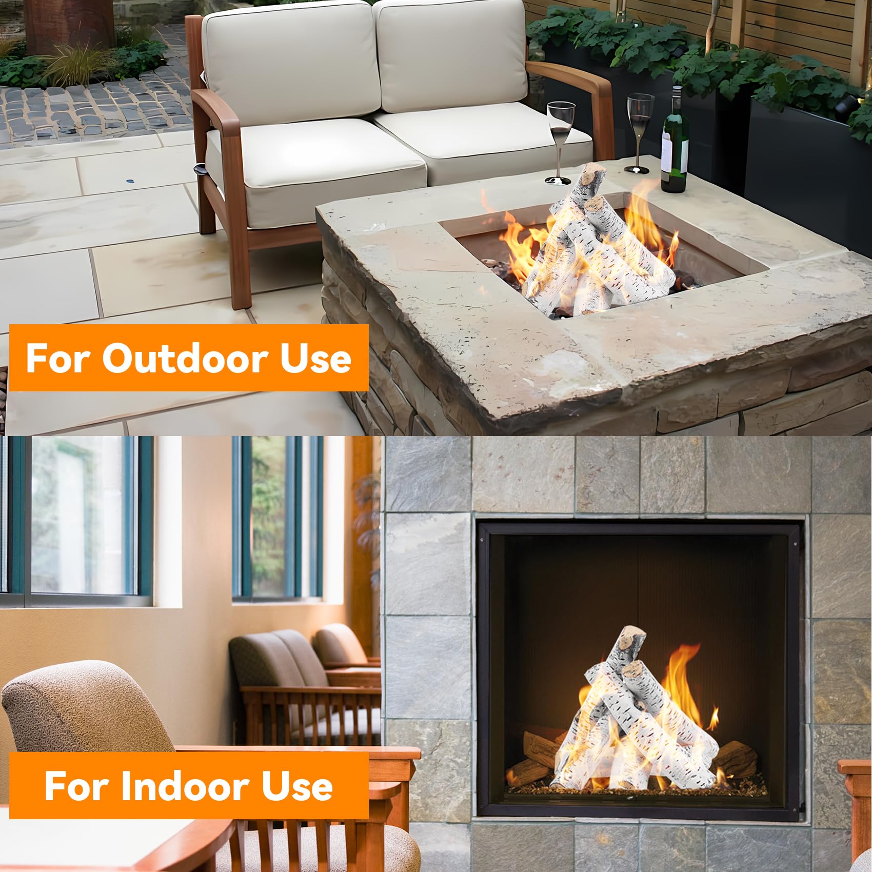 Ventless gas fireplace logs compatible with propane and natural gas