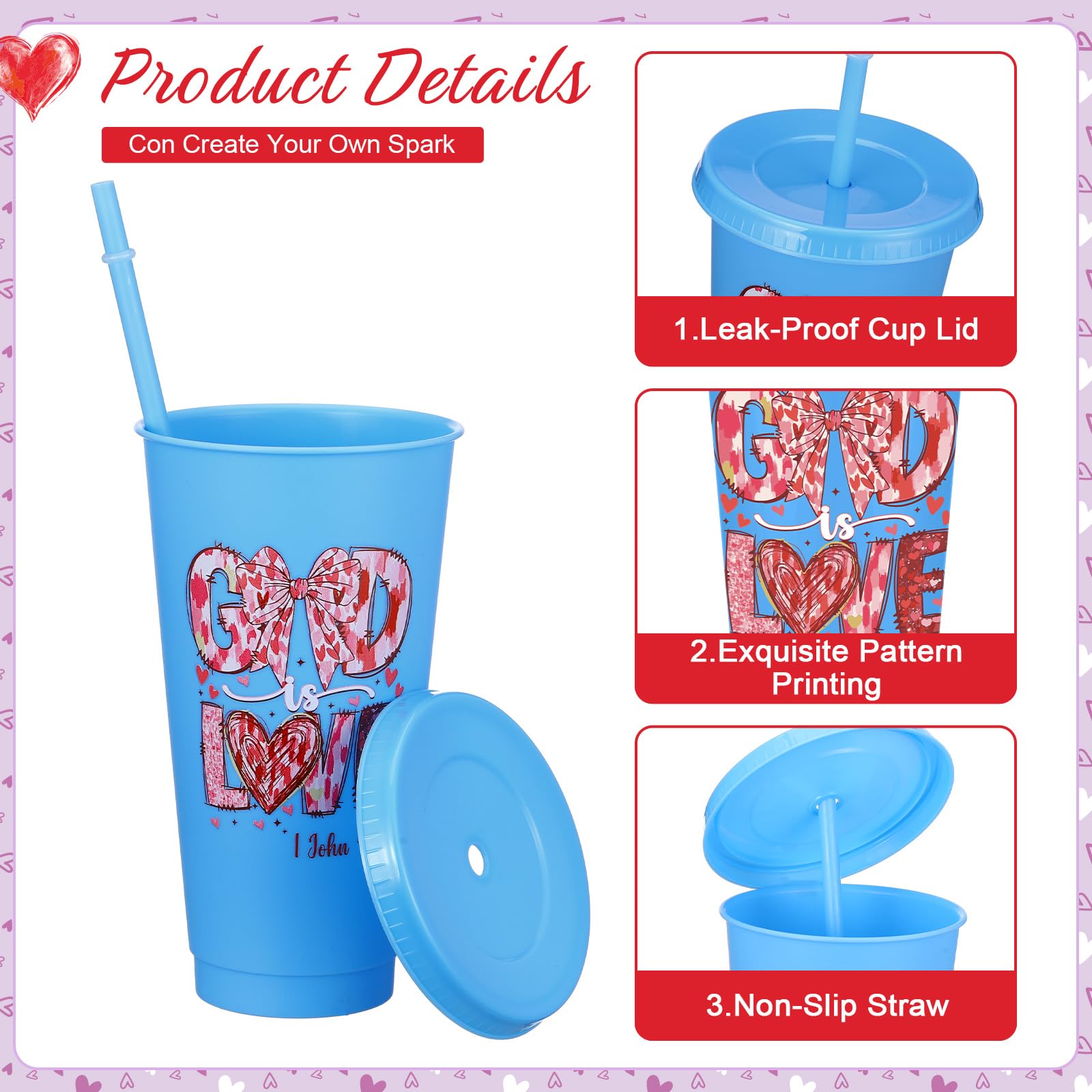 Colorful Christian Valentine cups featuring Bible verses for gatherings