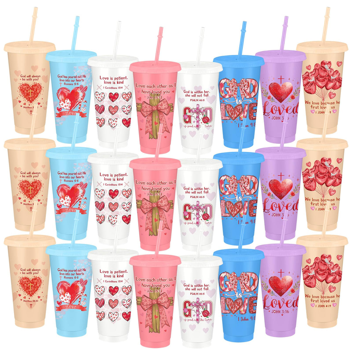 Skylety Christian Valentines Day cups bulk 24 oz with straw and lid color variety