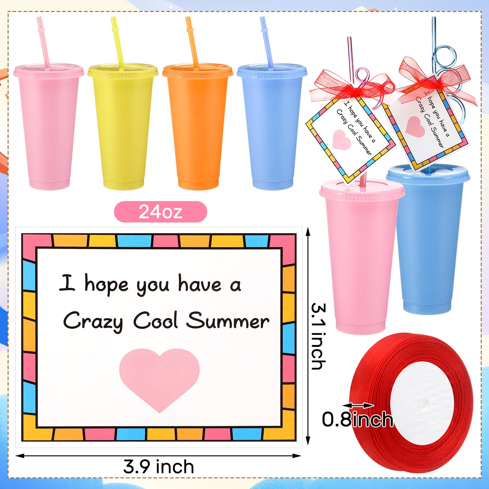 Skylety 24 Sets End of Year Students Gift from Teacher Plastic Tumbler pink with lid and straw