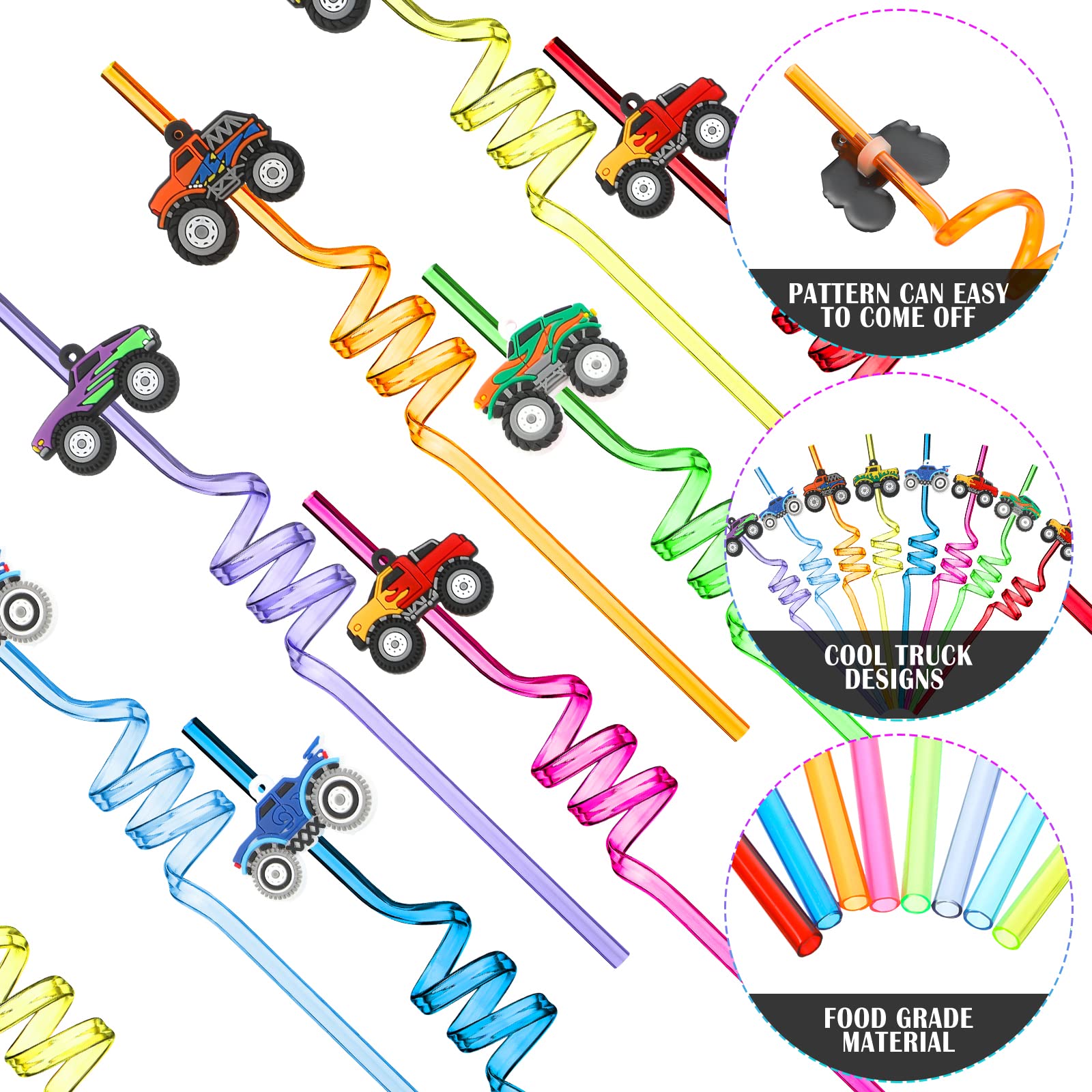 Reusable twisty straws for kids with PET truck attachments