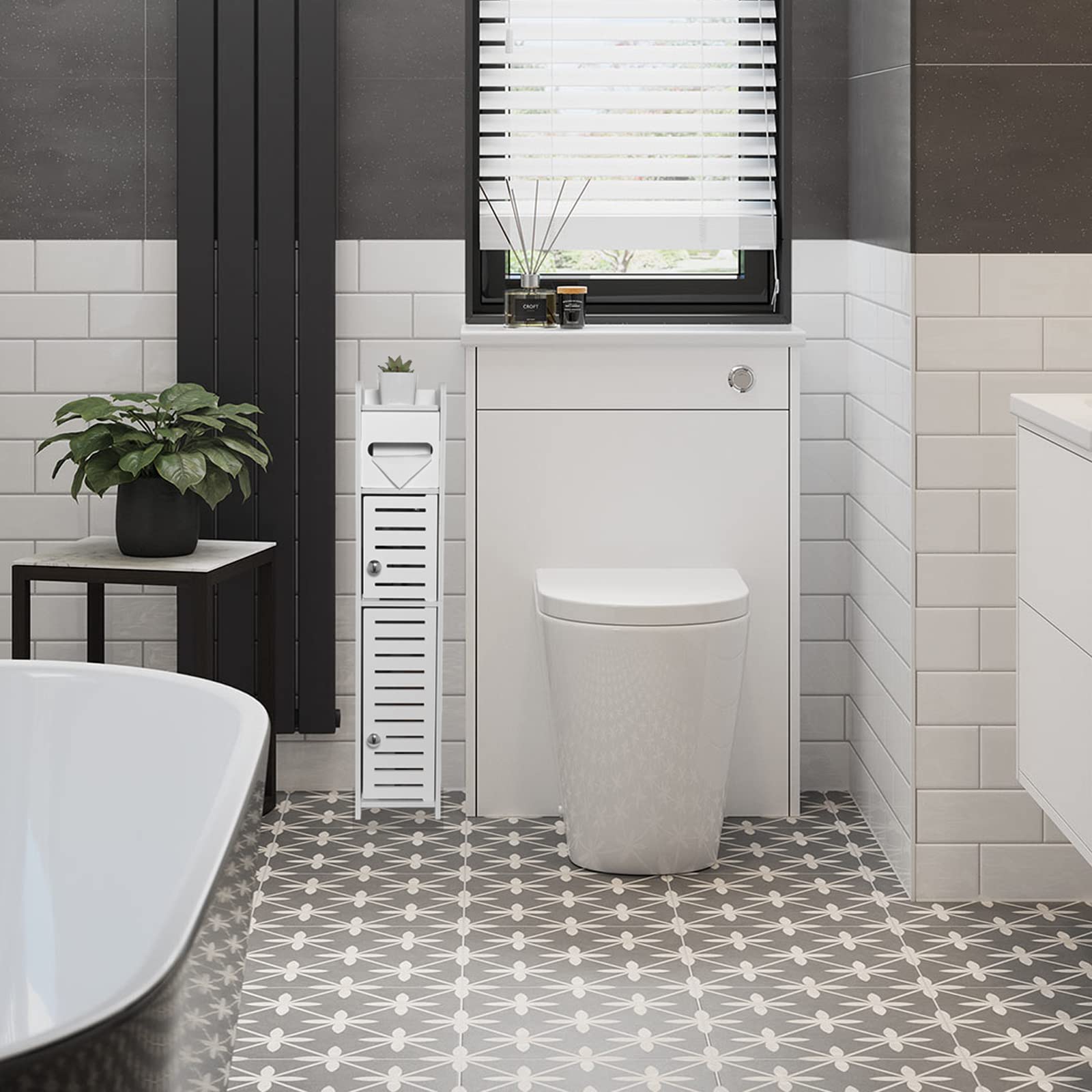 Two-door toilet paper storage cabinet interior shelves