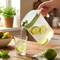 Slim plastic pitcher with comfortable grip handle lid