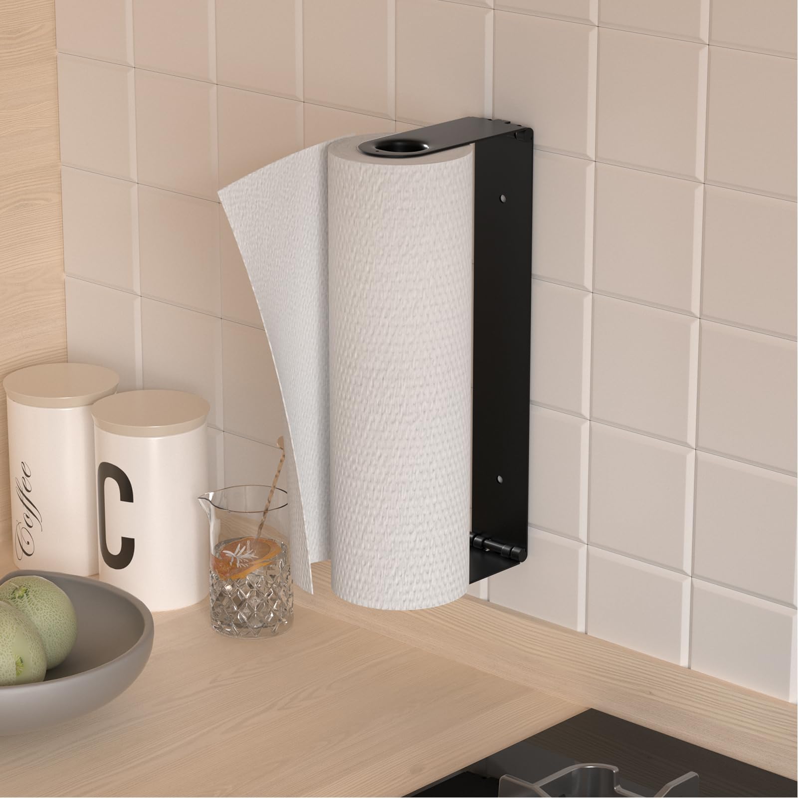 Slim profile under cabinet paper towel holder keeping counter clear