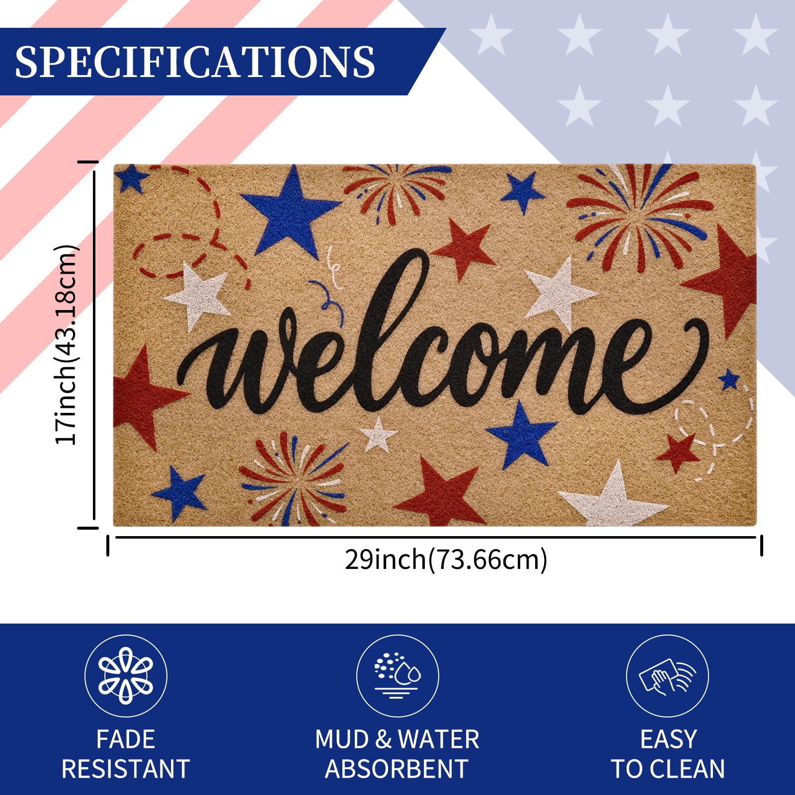 Patriotic star welcome mat sized 17x29 for entryways