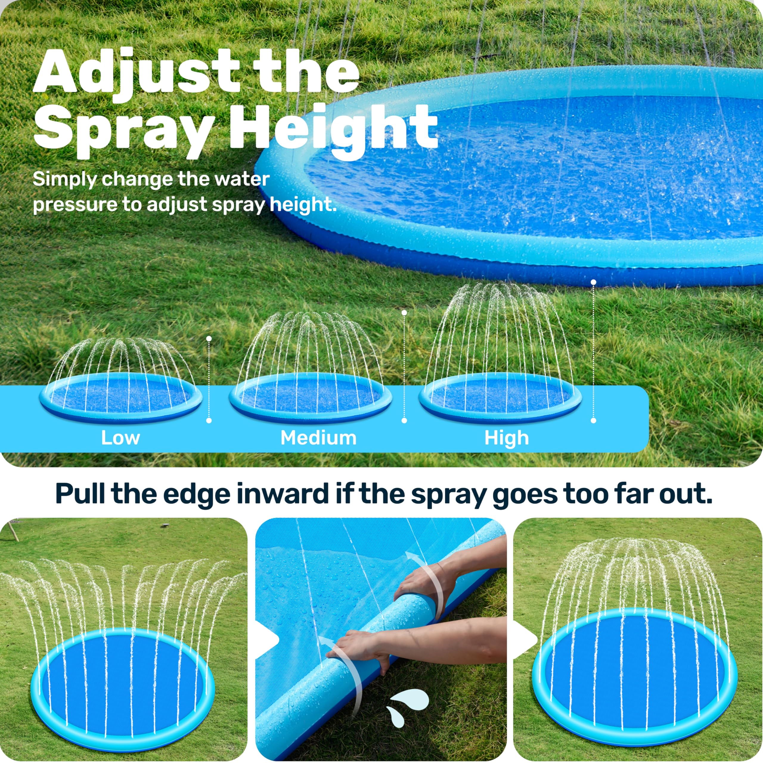 Backyard setup showing SLOOSH 72in blue splash pad sprinkler connected to hose