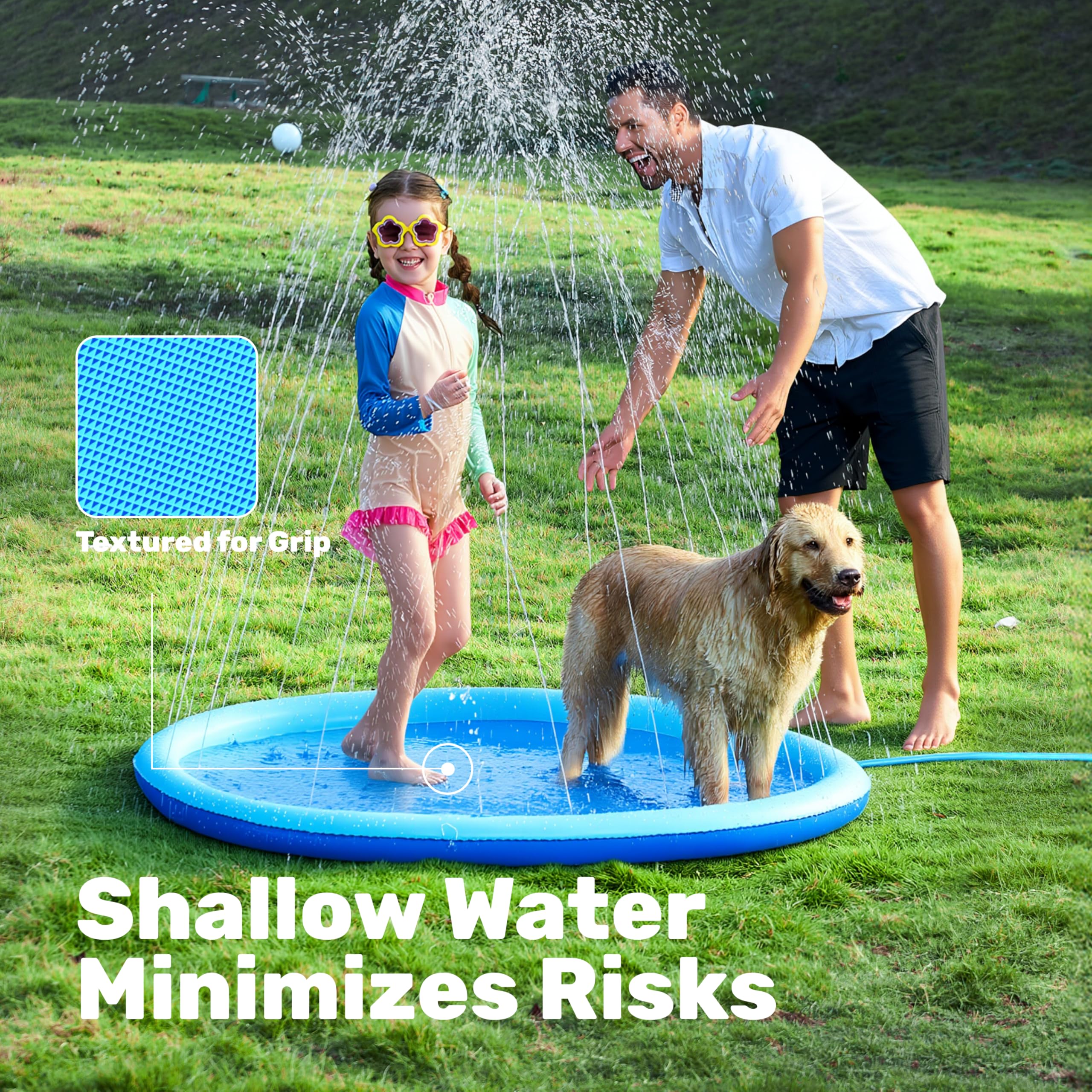Kids and dogs playing on SLOOSH 72in blue splash pad sprinkler in yard