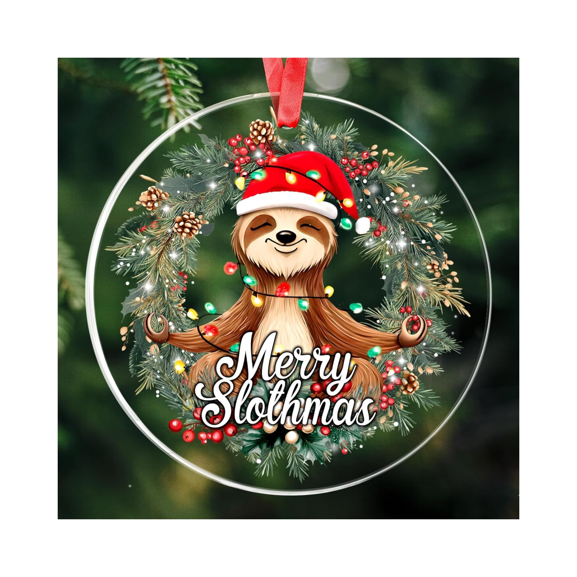 Sloth Christmas Ornament 2025 design with Santa hat and festive greenery