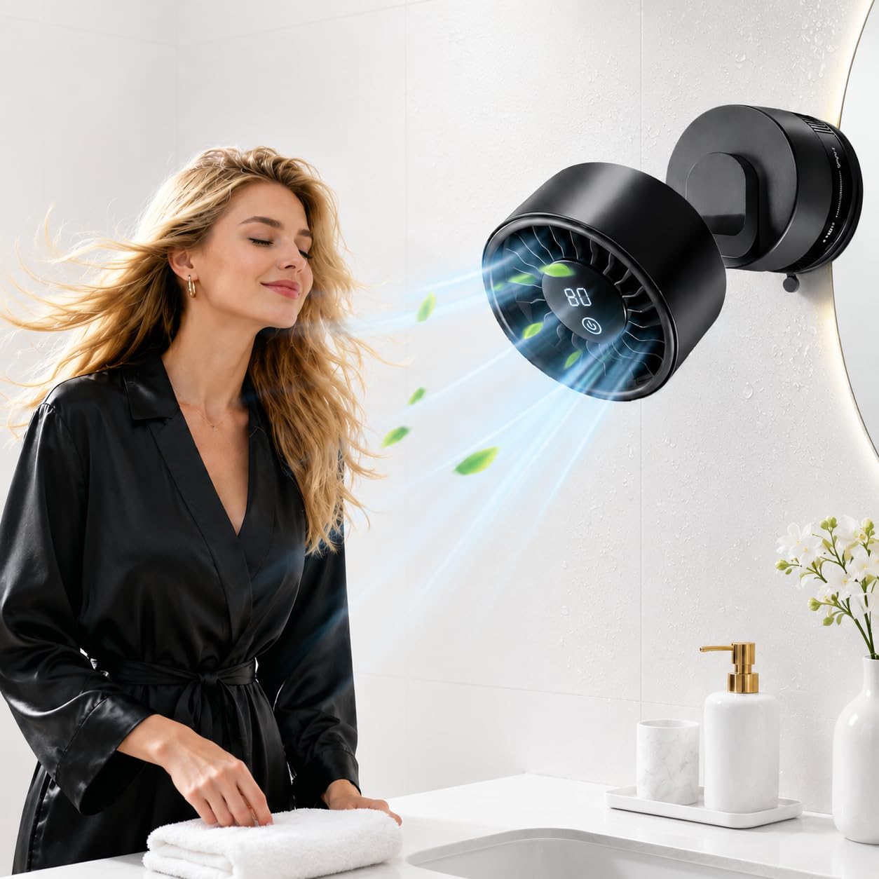 Small Fan for Bathroom Rechargeable compact fan on countertop