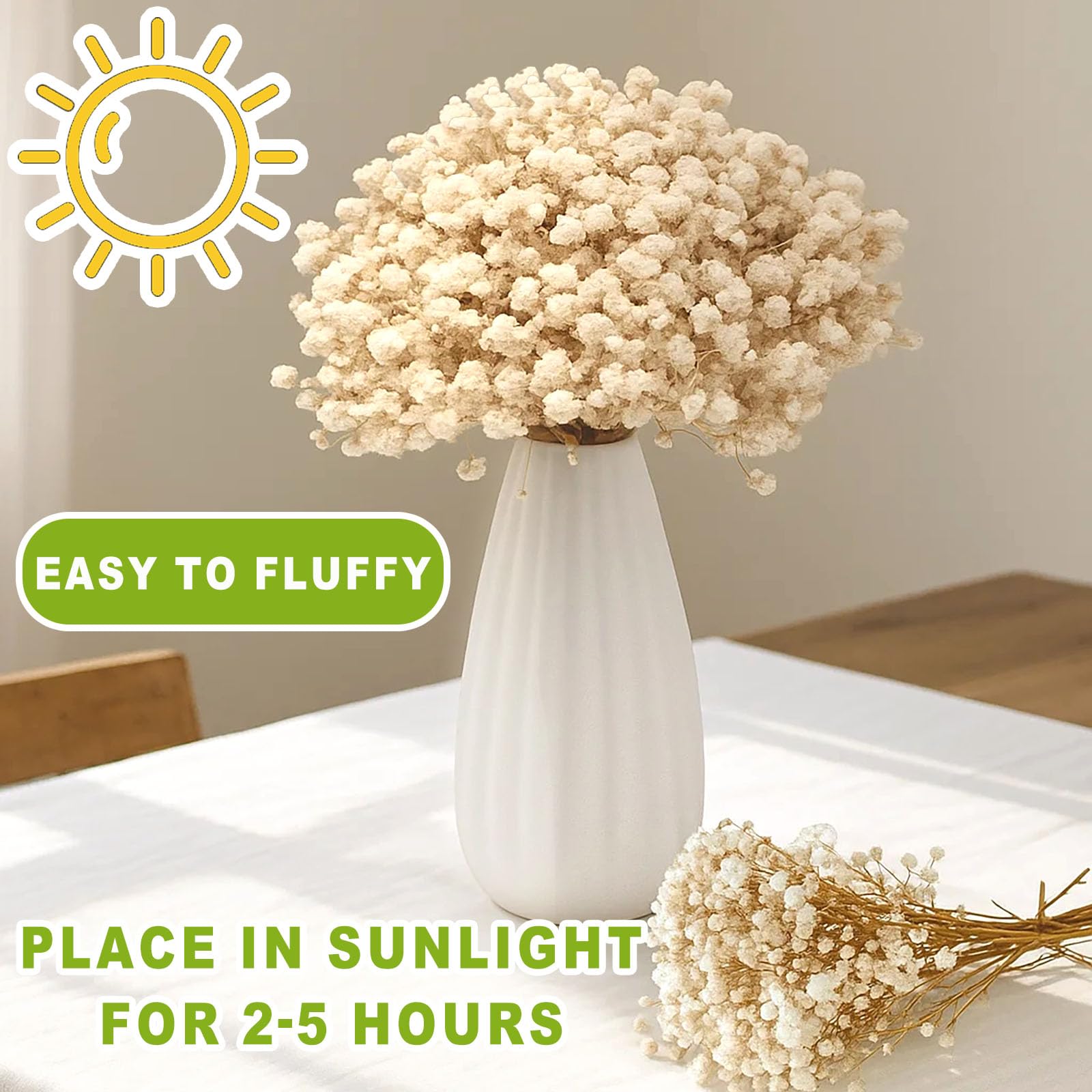Small vase display using ivory dried babys breath