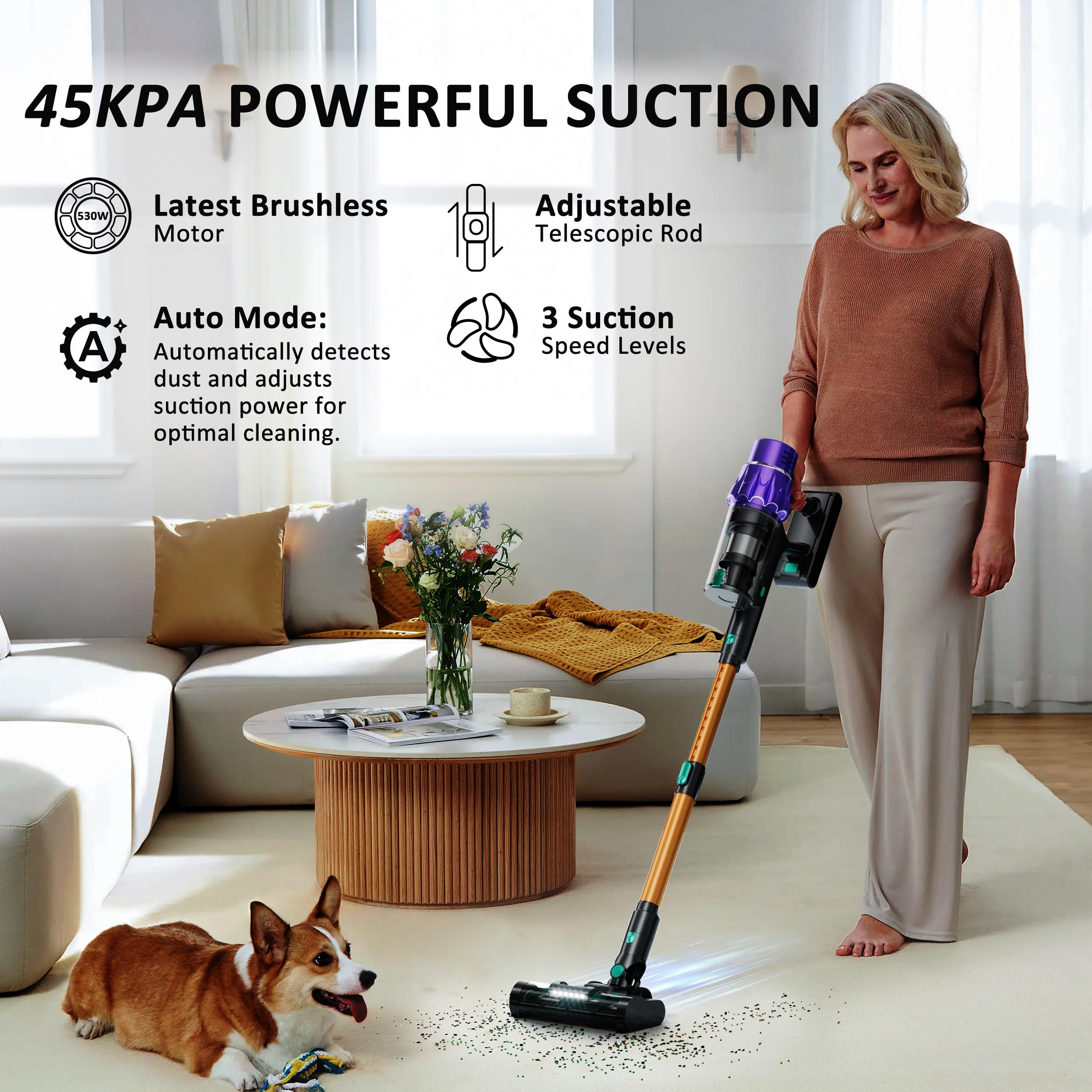 LED touch display on VENHIDELY vacuum showing mode and battery