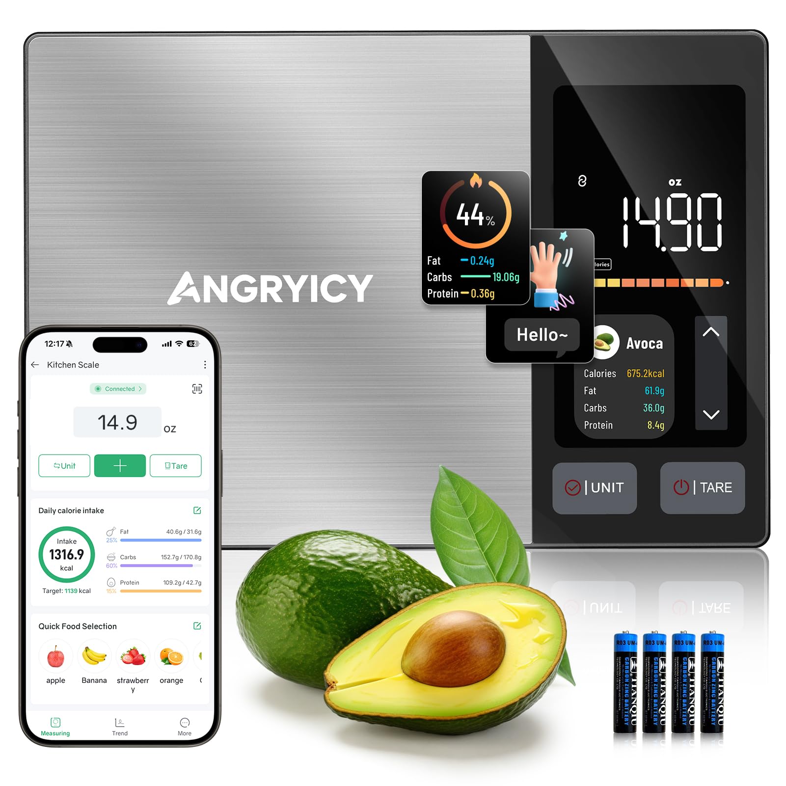 Smart Food Scale with Nutritional Calculator on stainless steel platform