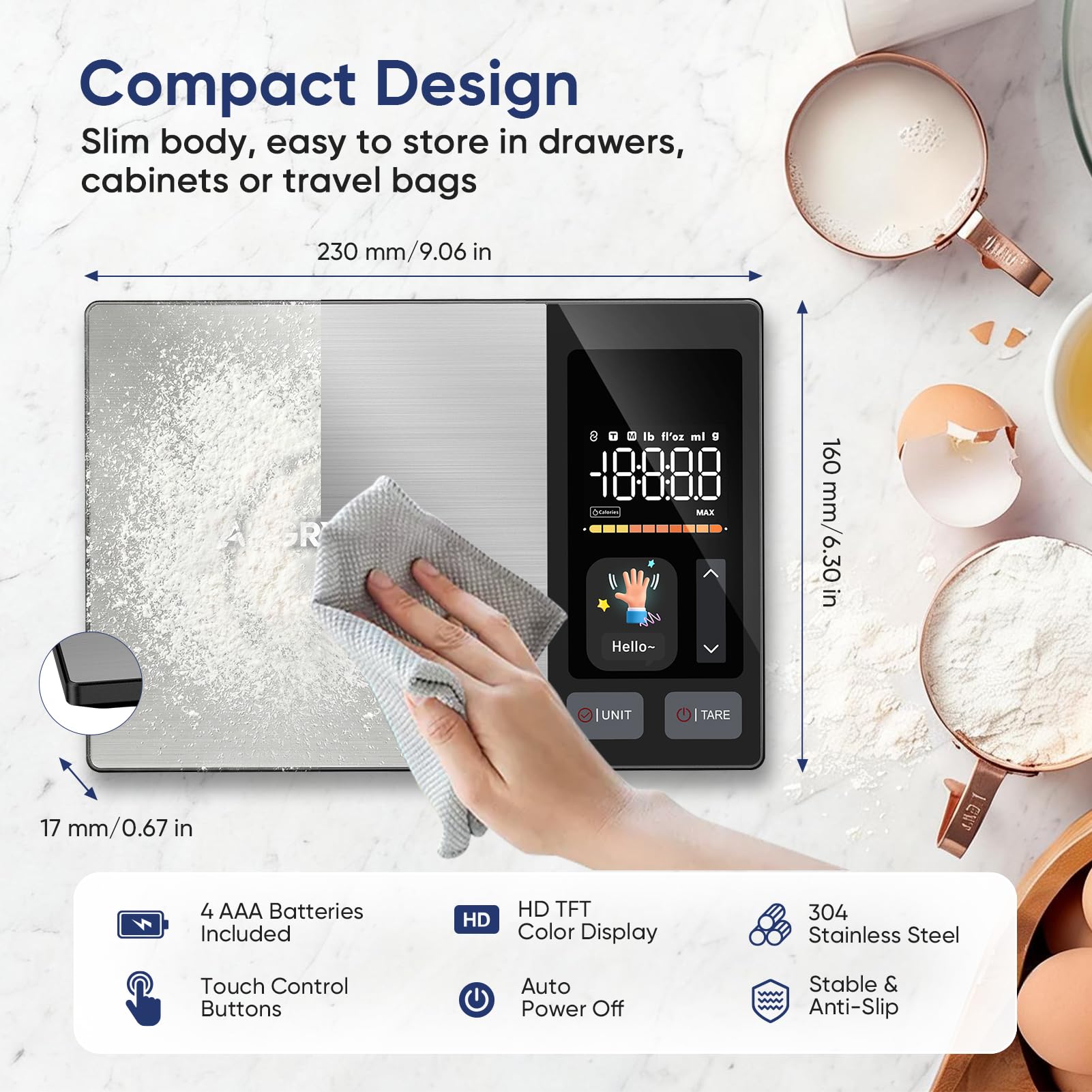 TFT backlit display on nutrition kitchen scale
