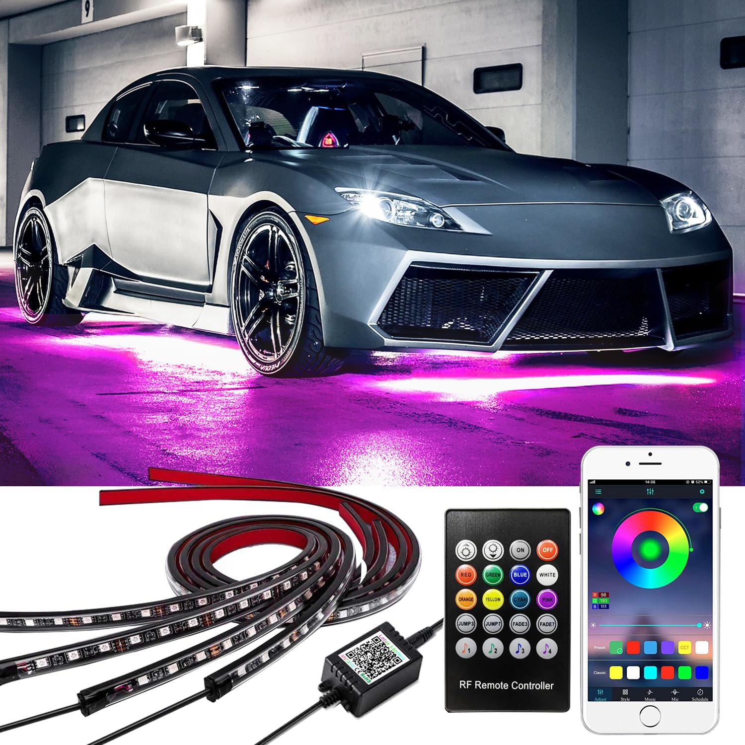 Smart RGB Car Underglow Kit with 2x72-LED and 2x54-LED strips
