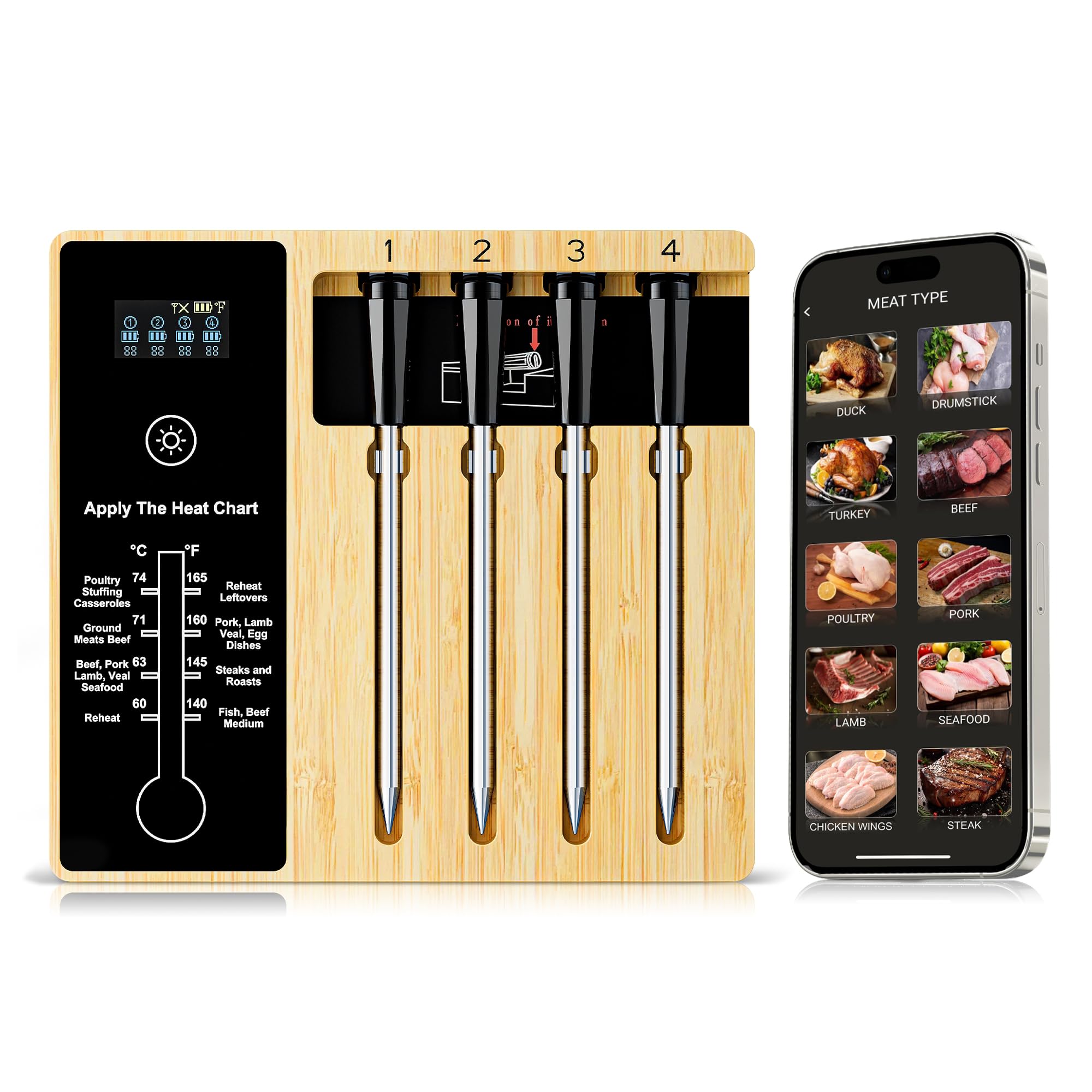 smart wireless meat thermometer four probes system