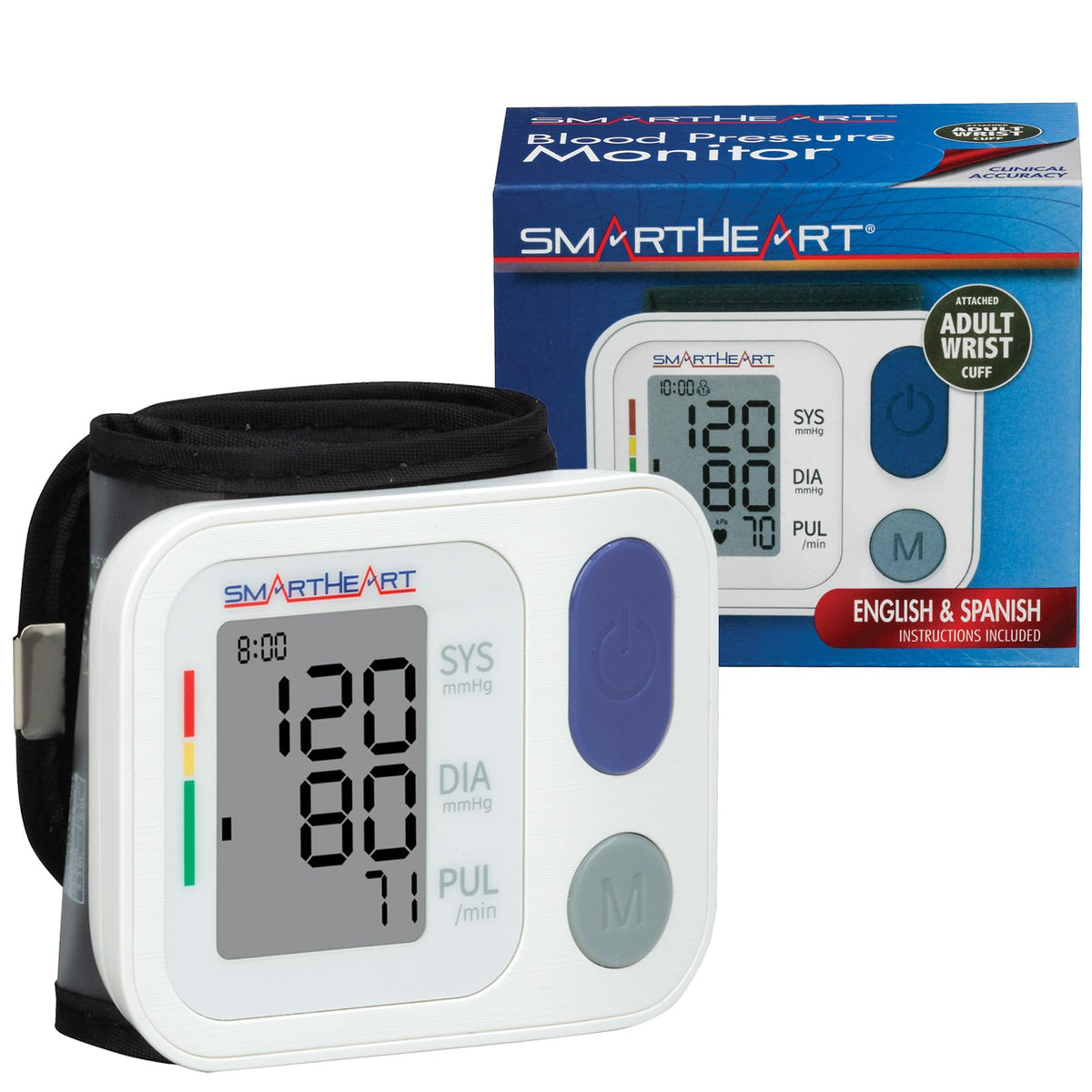 SmartHeart wrist blood pressure monitor with attached cuff for adults