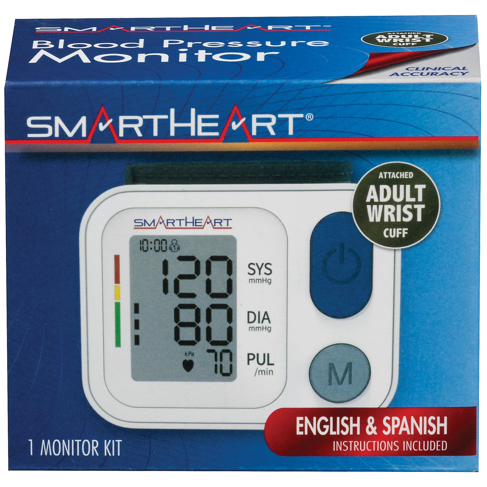 Two memory banks store up to 199 measurements with date and time