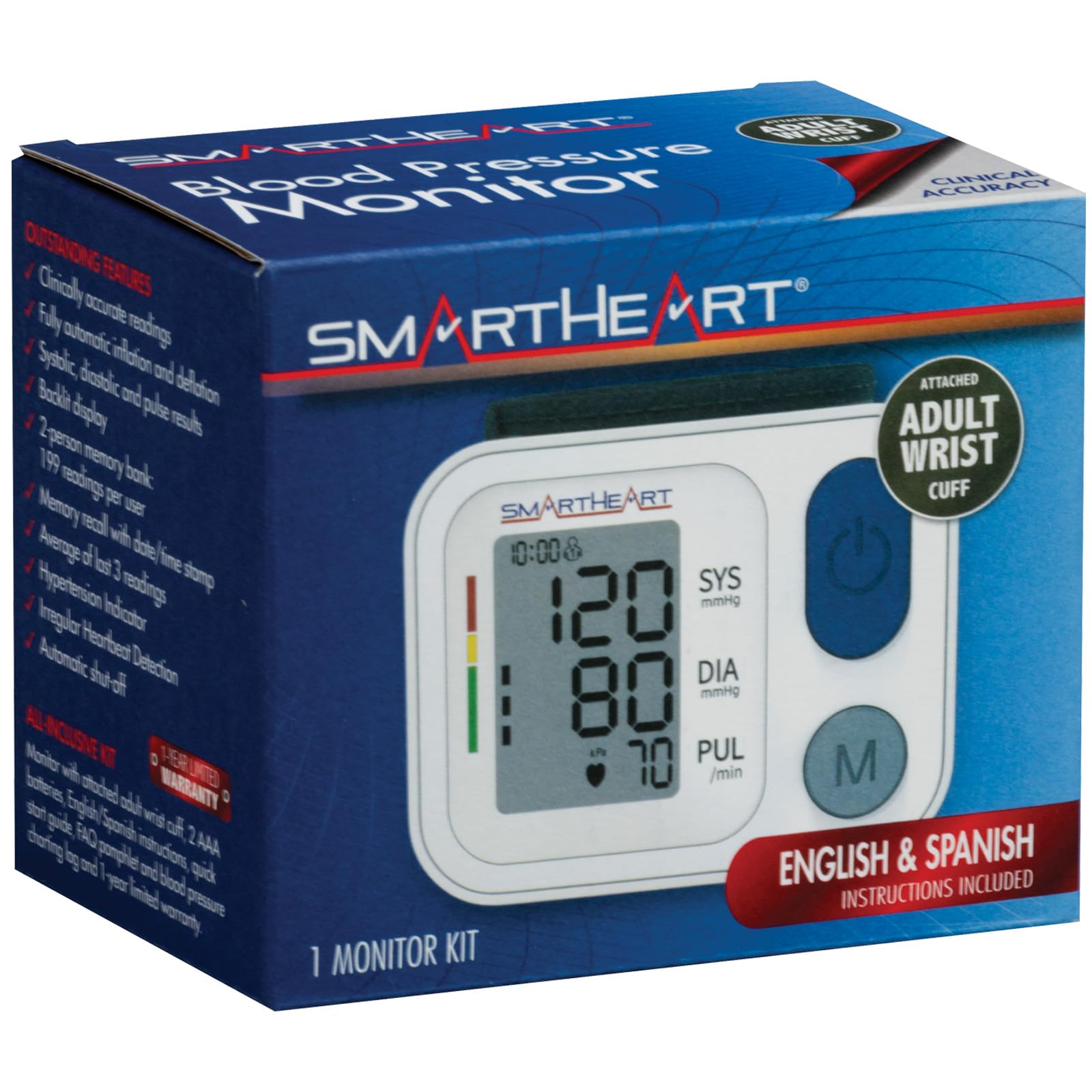 Includes monitor with cuff and two AAA batteries and English Spanish instructions