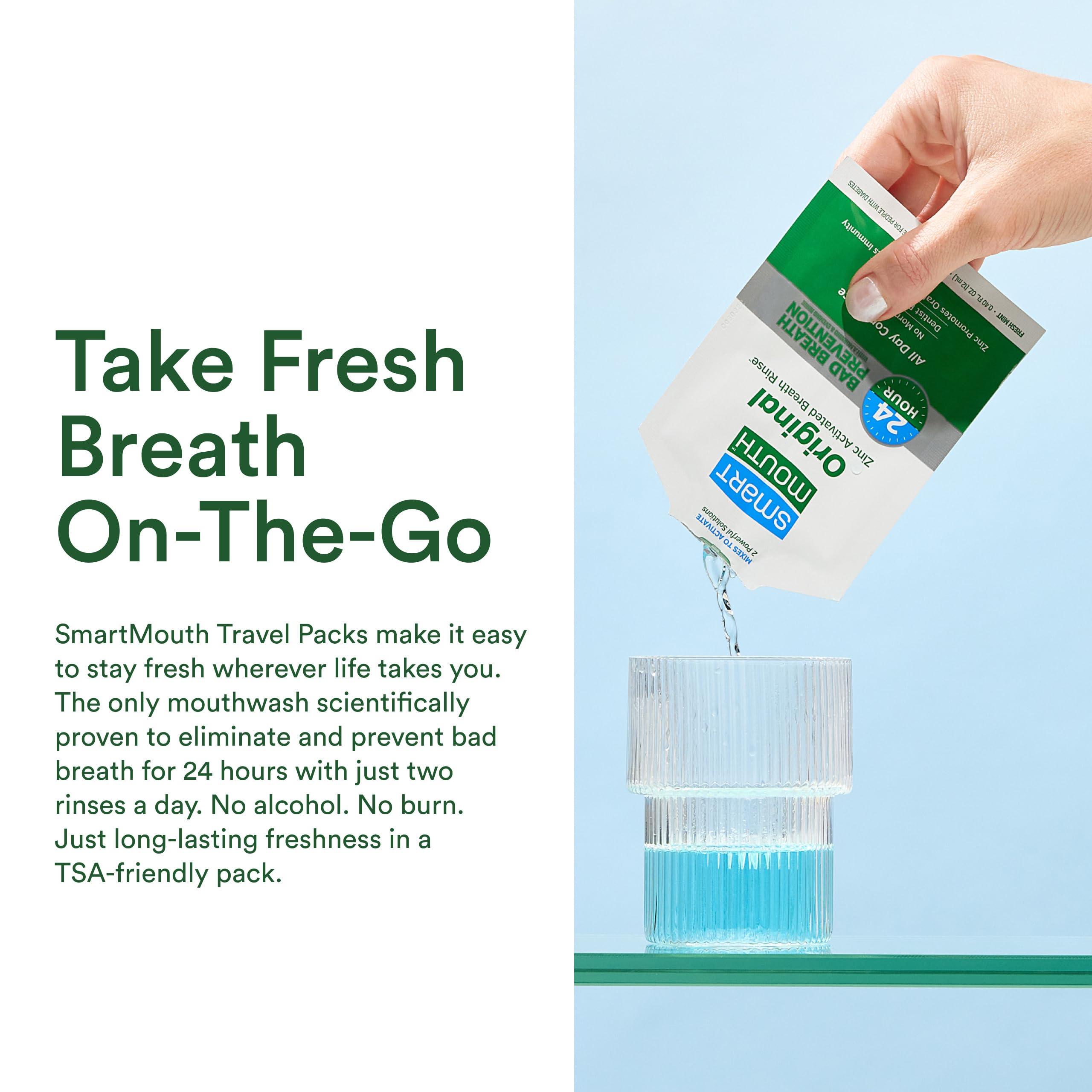 SmartMouth dual-solution zinc mouthwash packaging showing packets